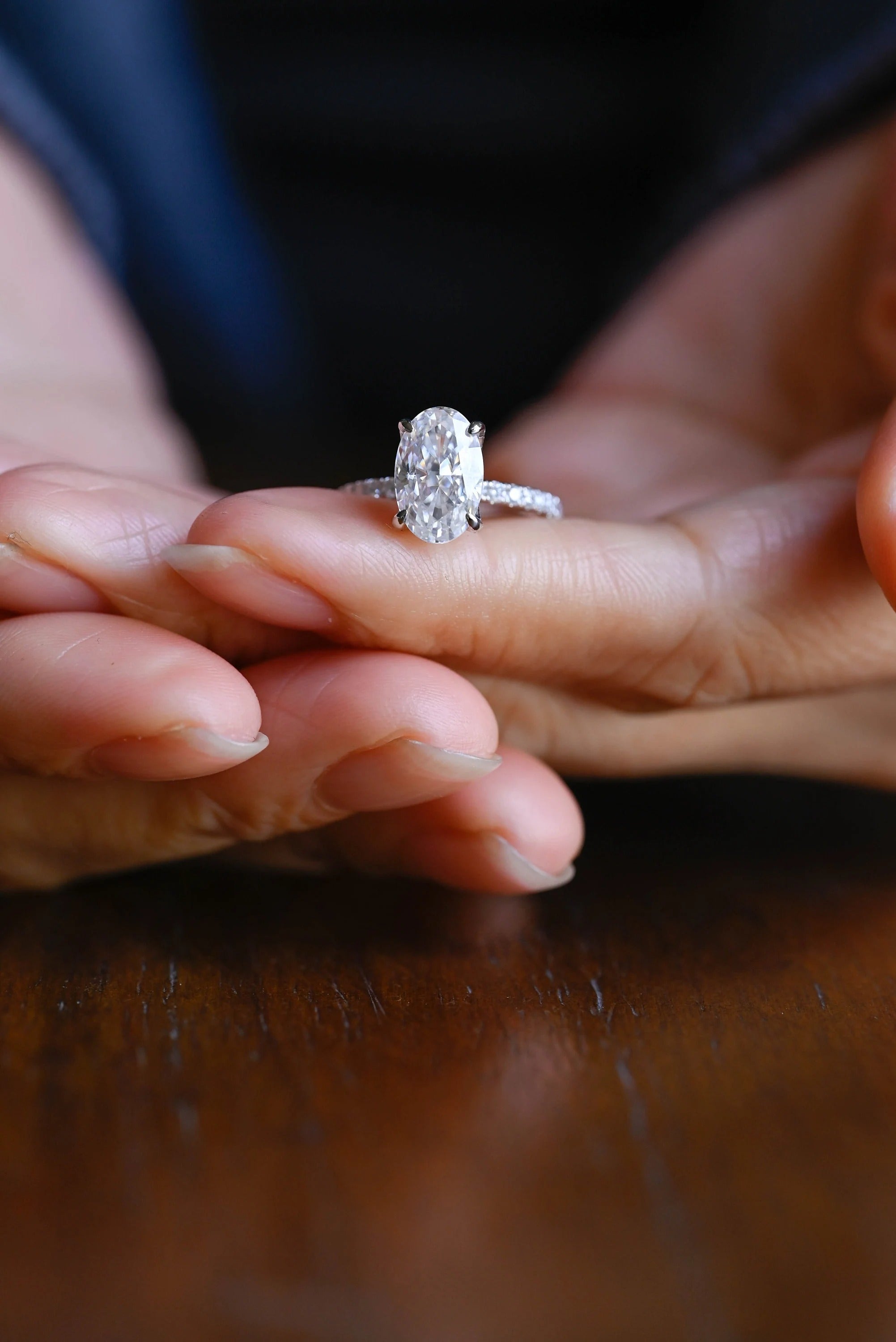 Solid Gold Crushed Ice Elongated Oval Moissanite Engagement Ring