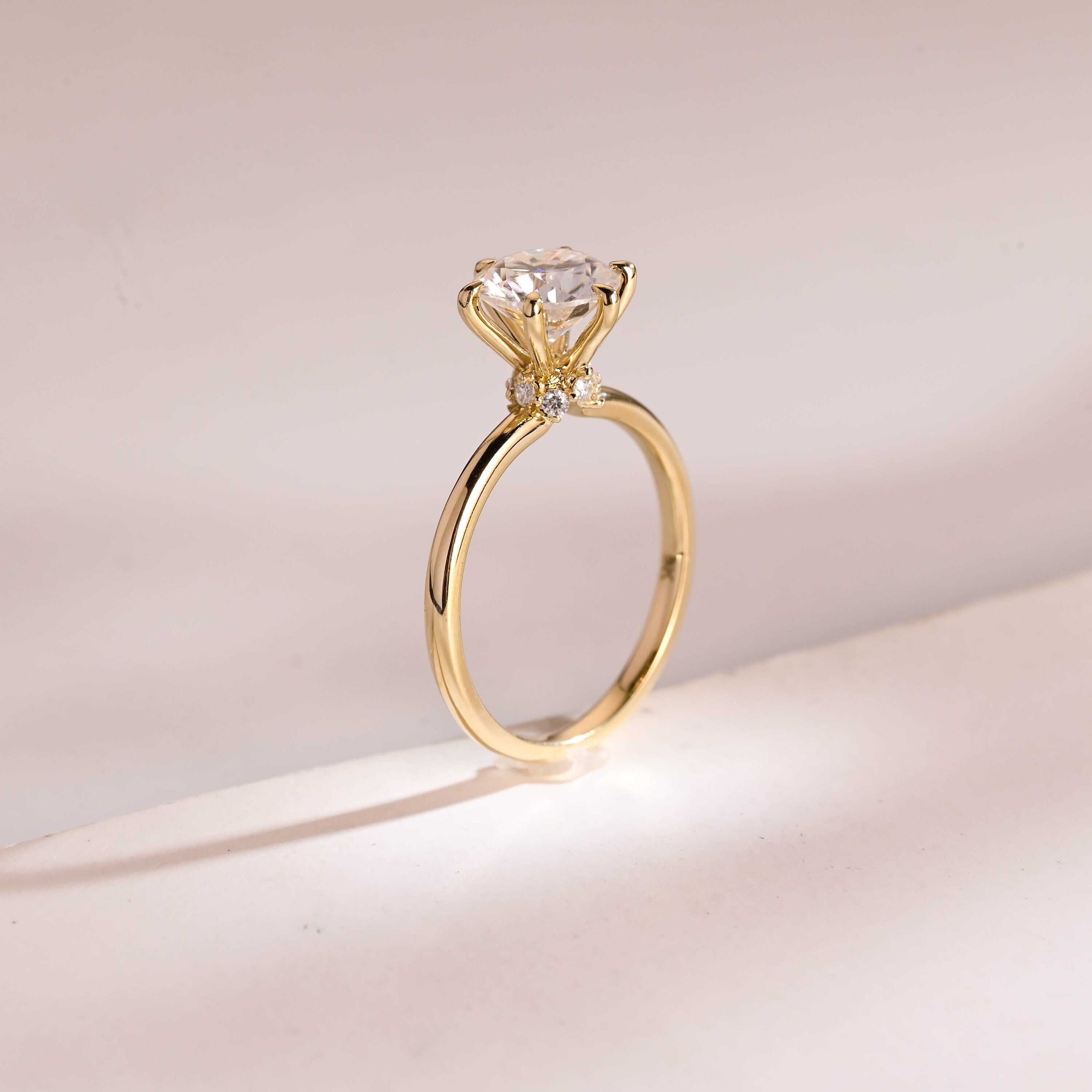 Solid Gold Hidden Halo Round Cut Moissanite Engagement Ring, Solitaire Promise Ring for Her Secondary image