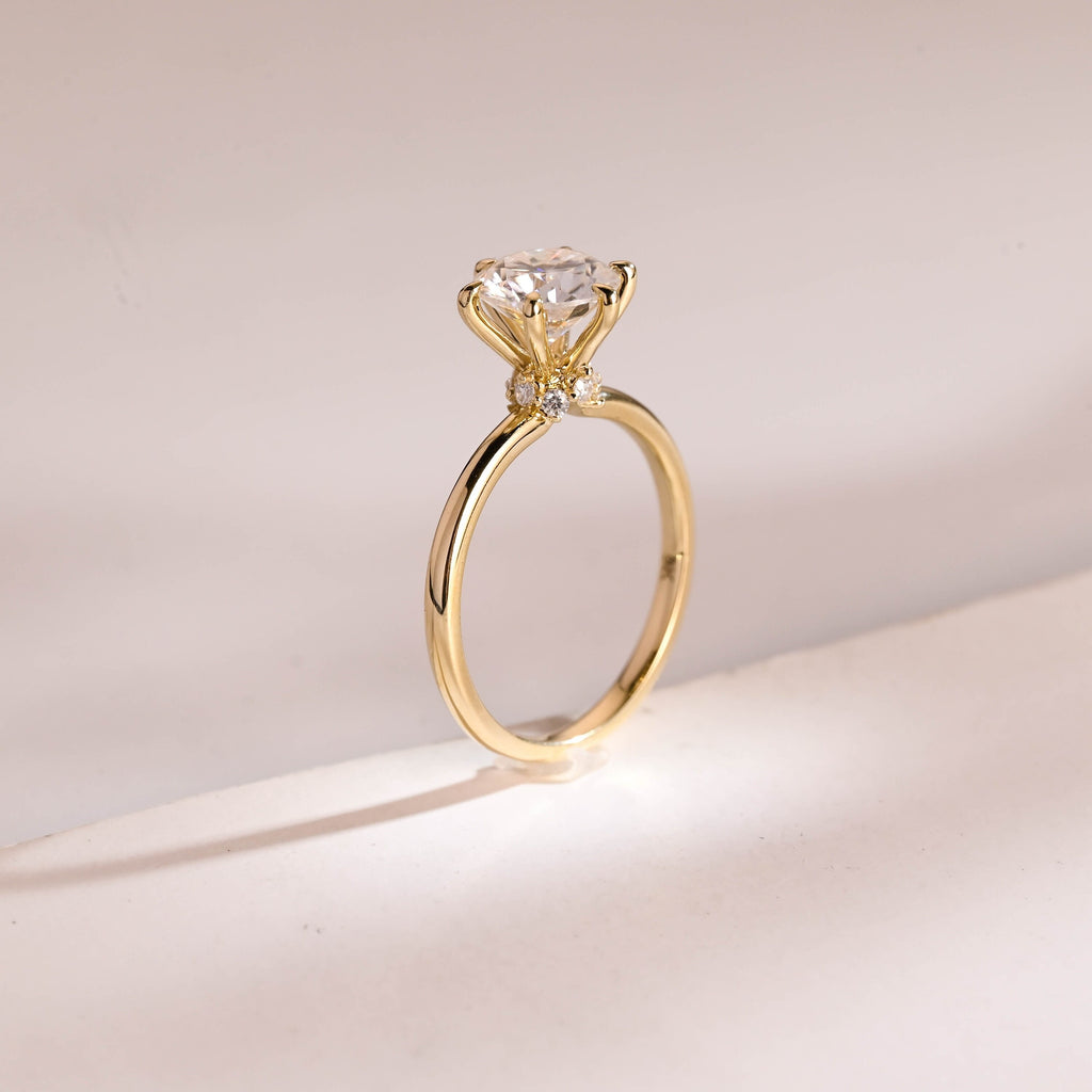 Solid Gold Hidden Halo Round Cut Moissanite Engagement Ring, Solitaire Promise Ring for Her