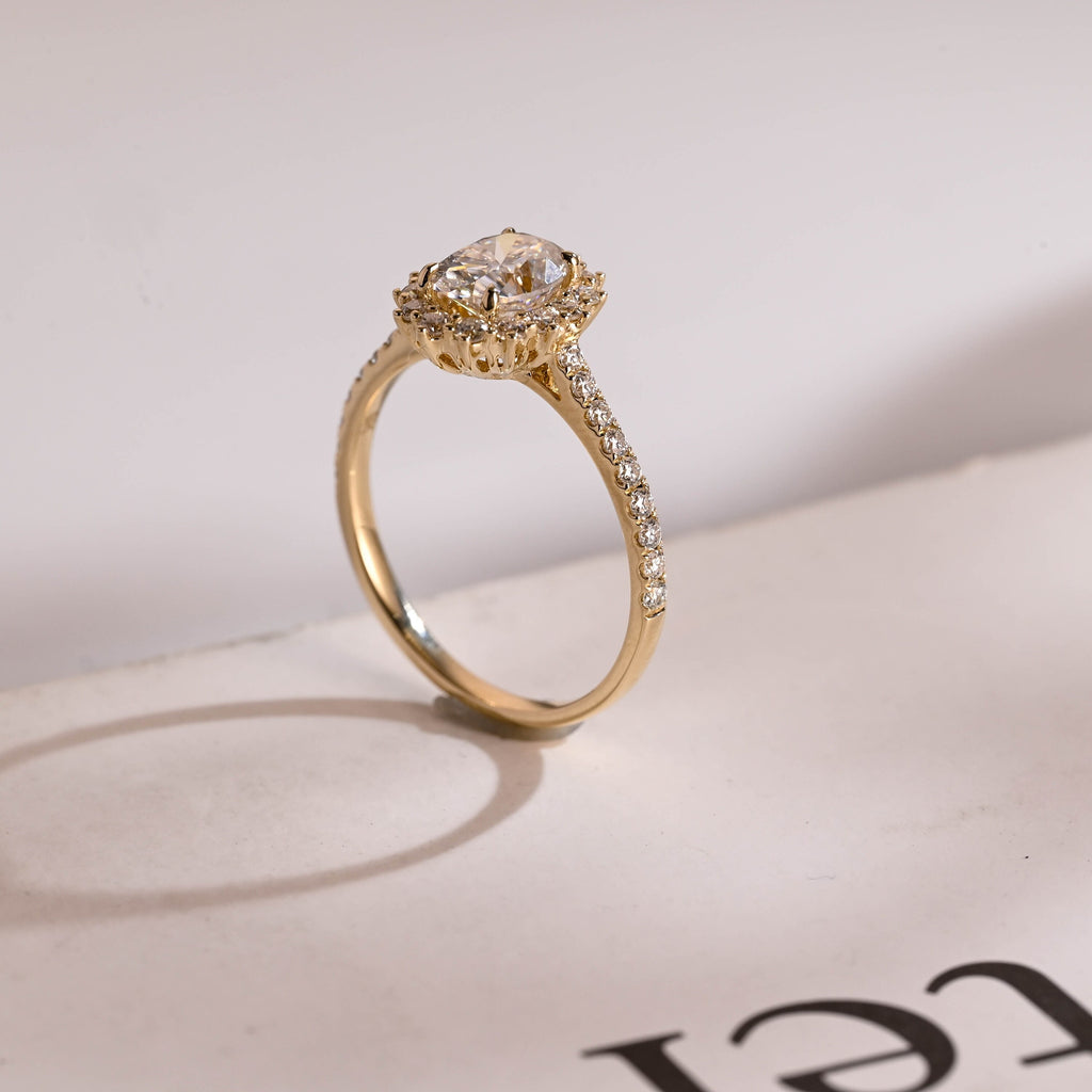 Solid Gold Floral Halo Oval Moissanite Engagement Ring, Half Eternity Proposal Ring