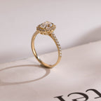 Solid Gold Floral Halo Oval Moissanite Engagement Ring, Half Eternity Proposal Ring