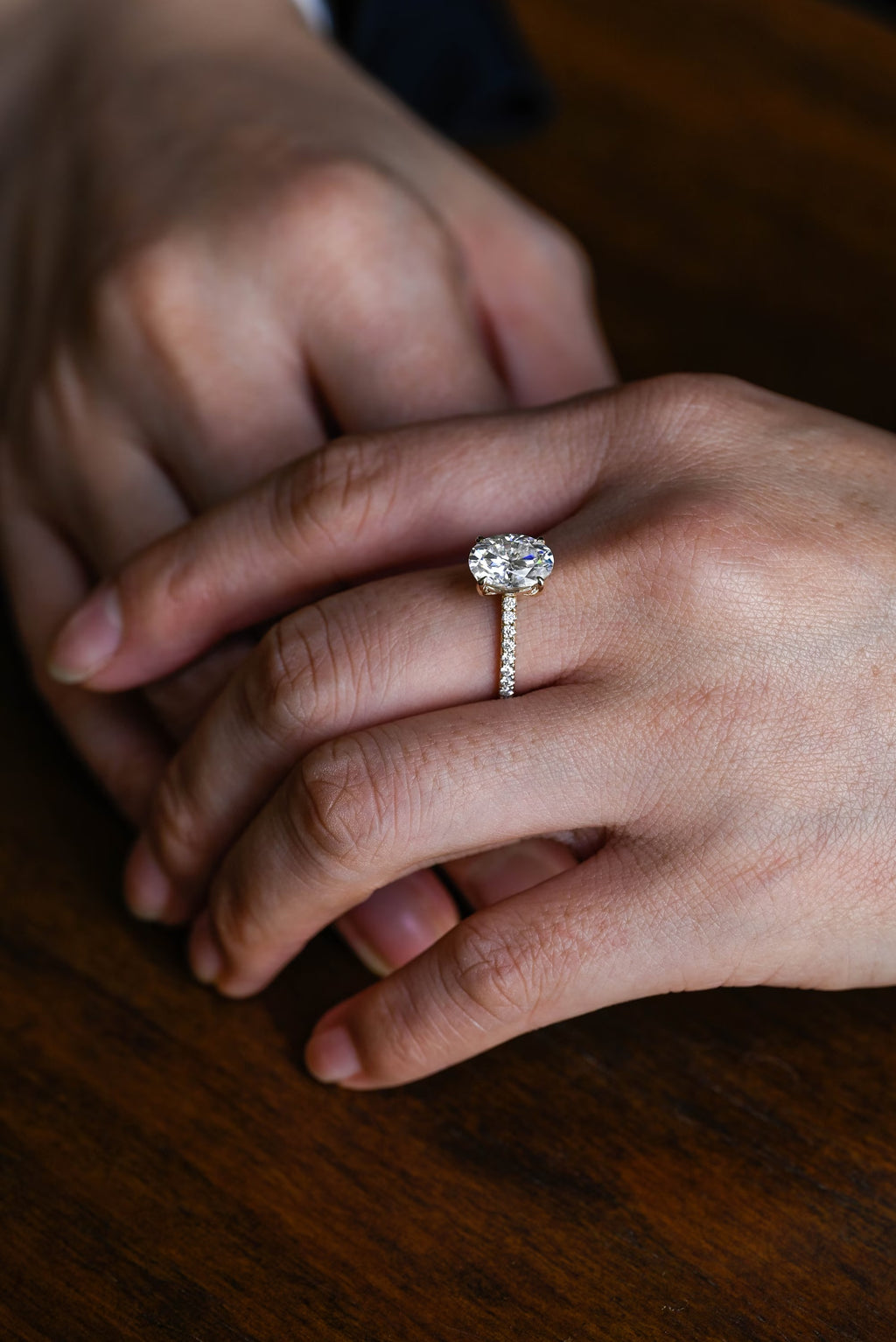 Solid Gold Oval Moissanite Engagement Ring, Half Pave Promise Ring