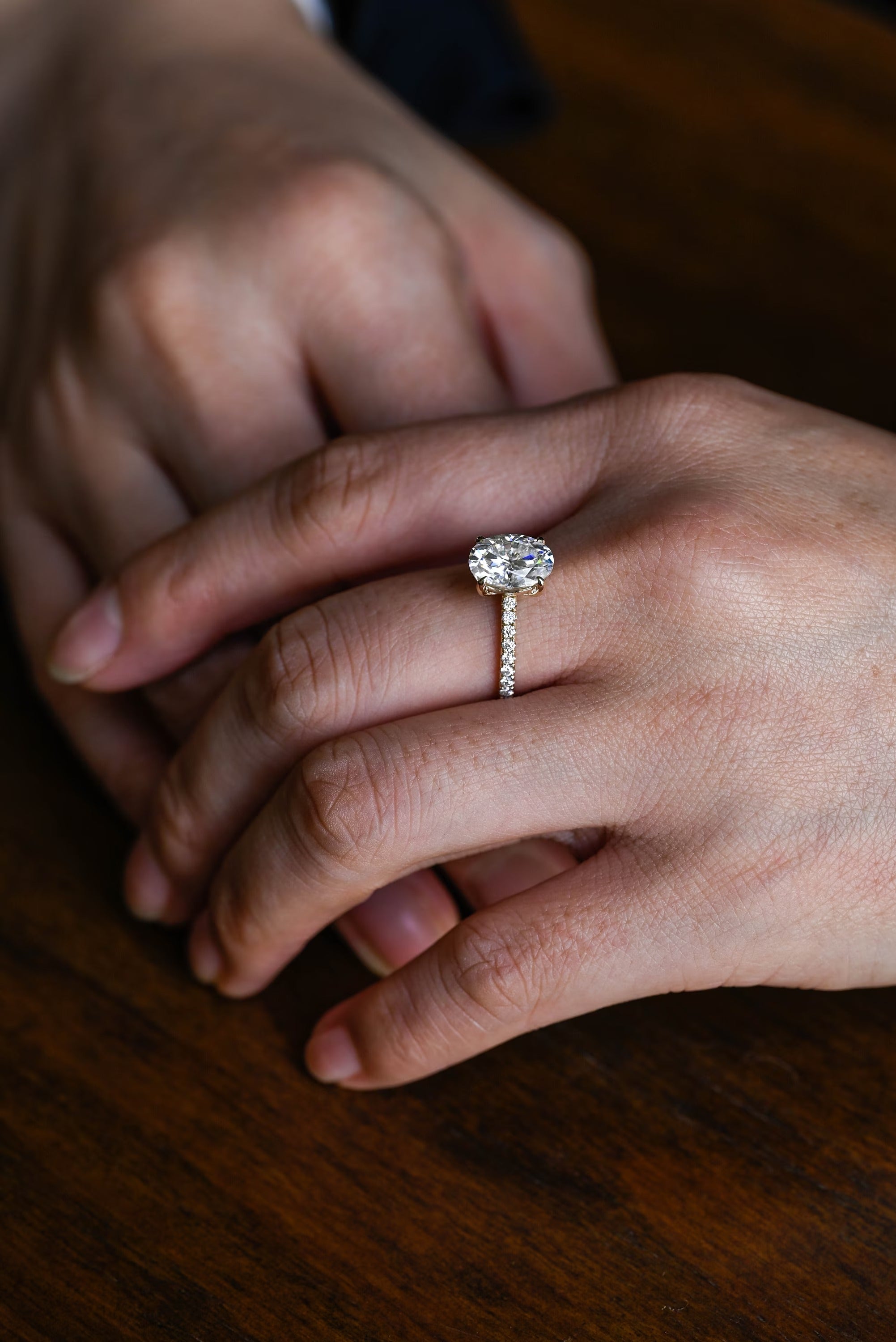 Solid Gold Oval Moissanite Engagement Ring, Half Pave Promise Ring