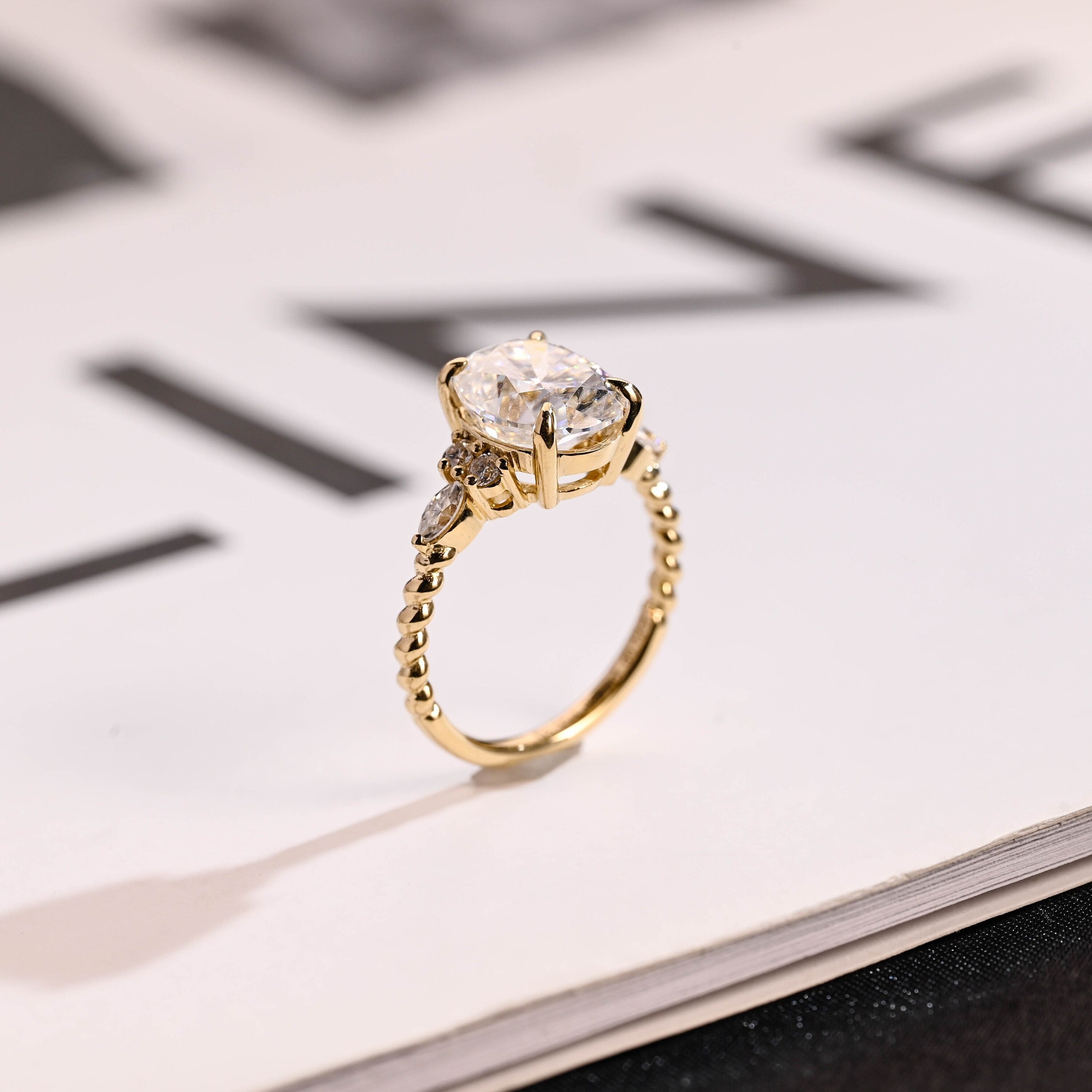 Solid Gold Twisted Band Oval Moissanite Engagement Ring