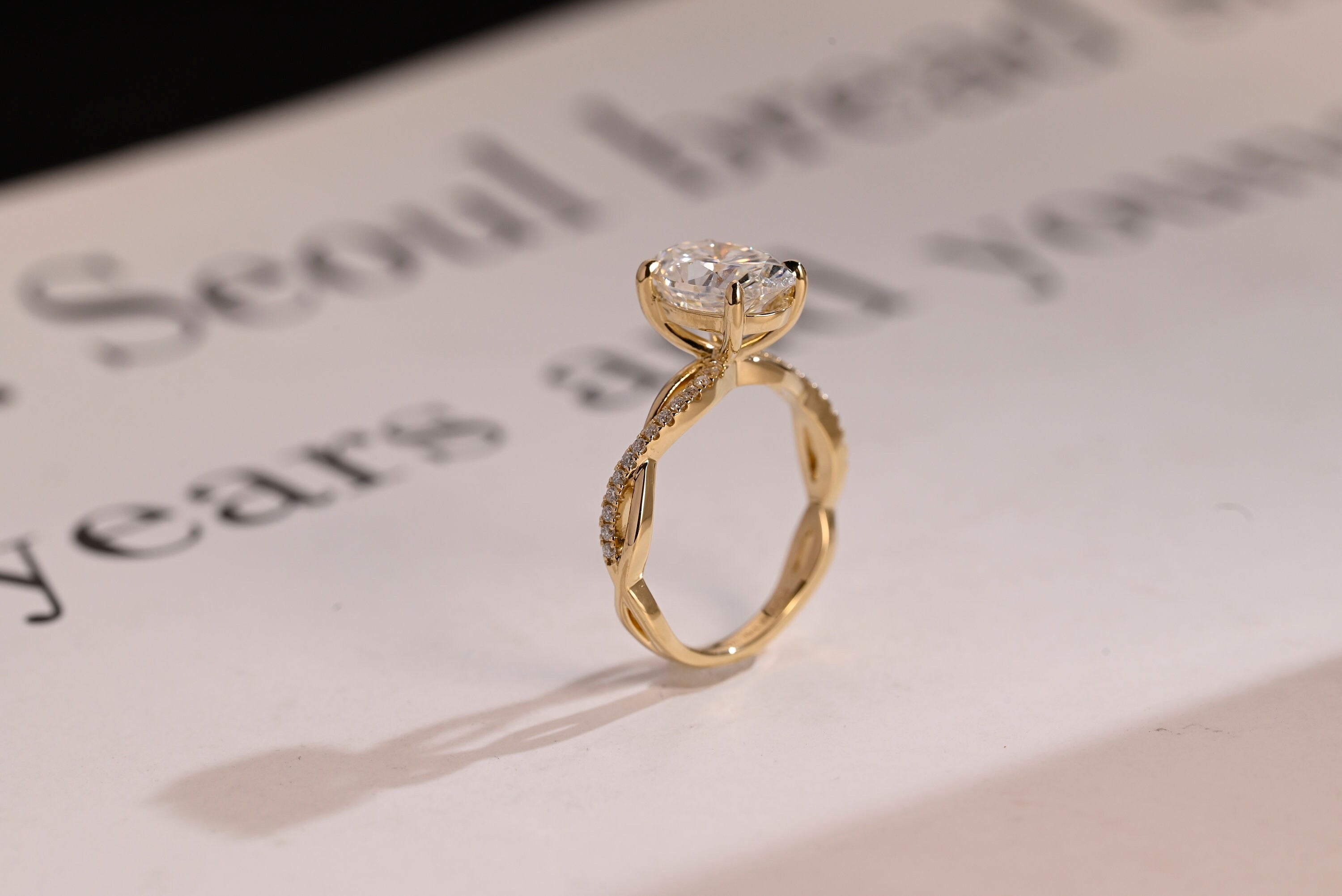 Solid Gold Oval Moissanite Engagement Ring, Twisted Band Half Eternity Bridal Ring Secondary image
