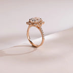 Solid Gold Floral Halo Oval Moissanite Half Eternity Engagement Ring