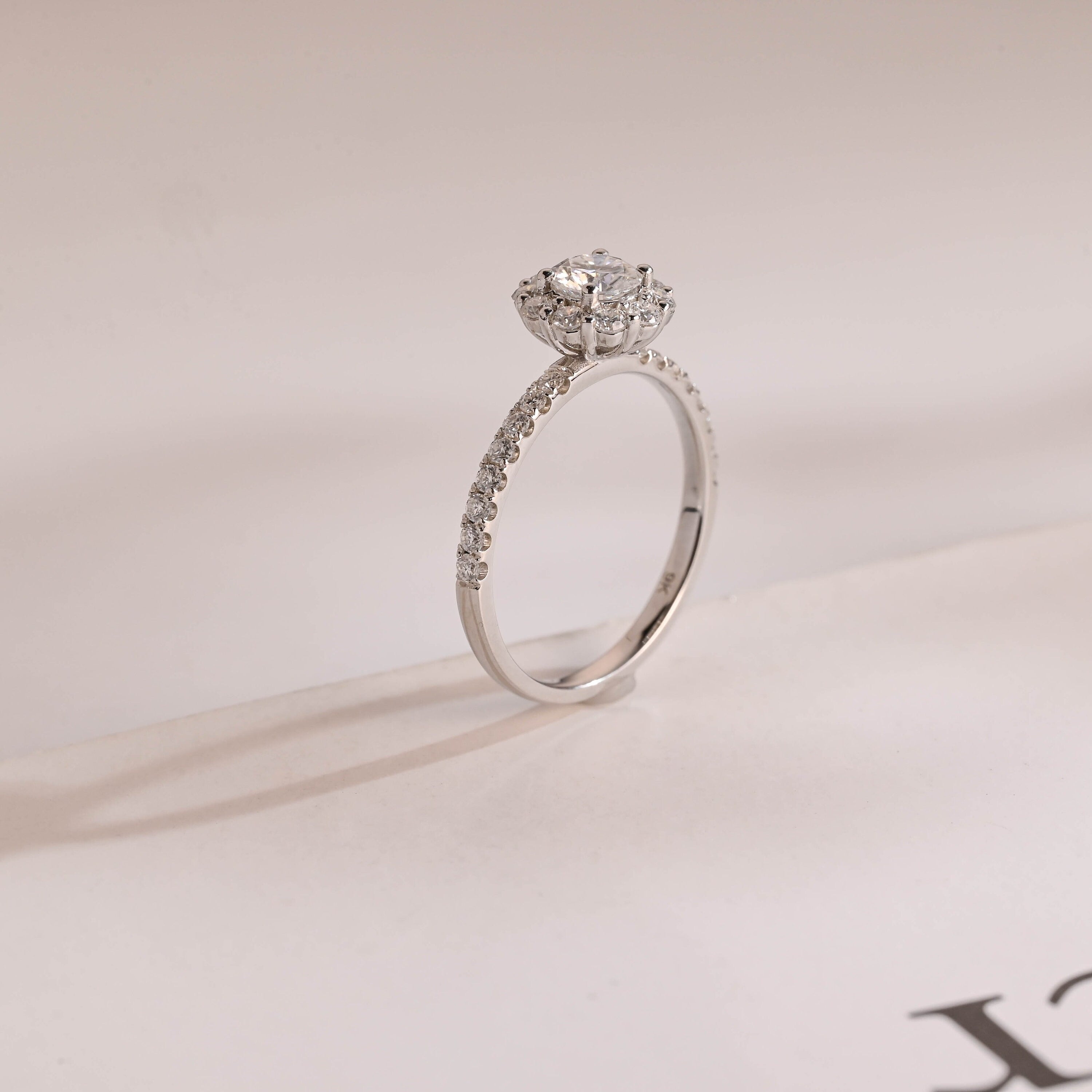 Solid Gold Sunflower Round Moissanite Engagement Ring, Half Eternity Promise Ring Secondary image