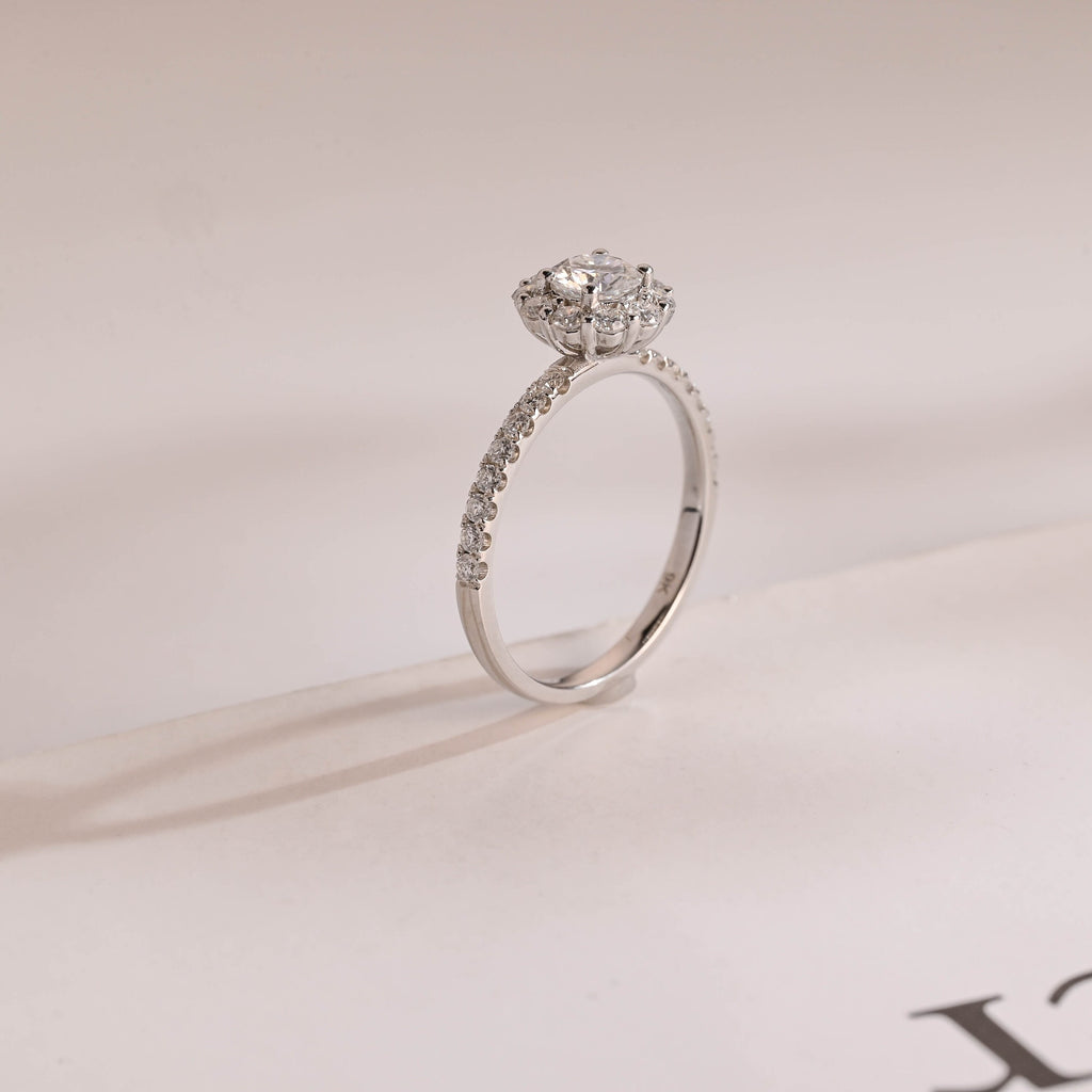 Solid Gold Sunflower Round Moissanite Engagement Ring, Half Eternity Promise Ring