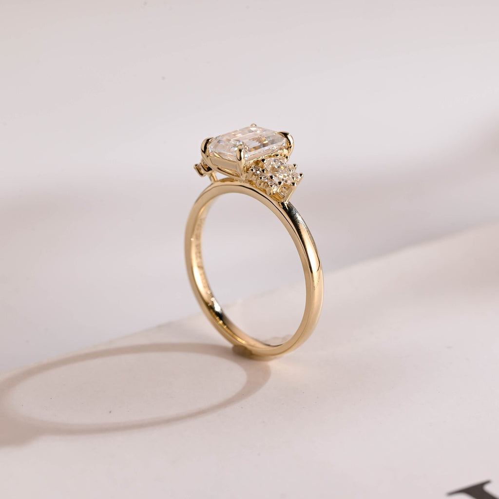 Solid Gold Emerald Cut Moissanite Engagement Ring With Trapezoid, Dainty Cluster Promise Ring