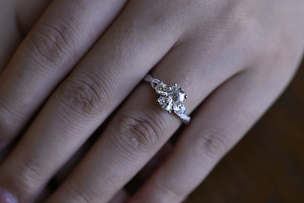 Solid Gold Oval Moissanite Engagement Ring, Twisted Band Half Eternity Bridal Ring