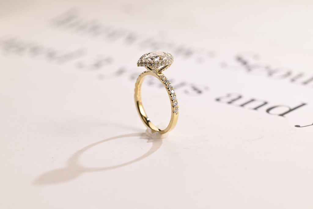 Solid Gold Pear Moissanite Engagement Ring, Half Eternity & Halo Promise/Proposal Ring