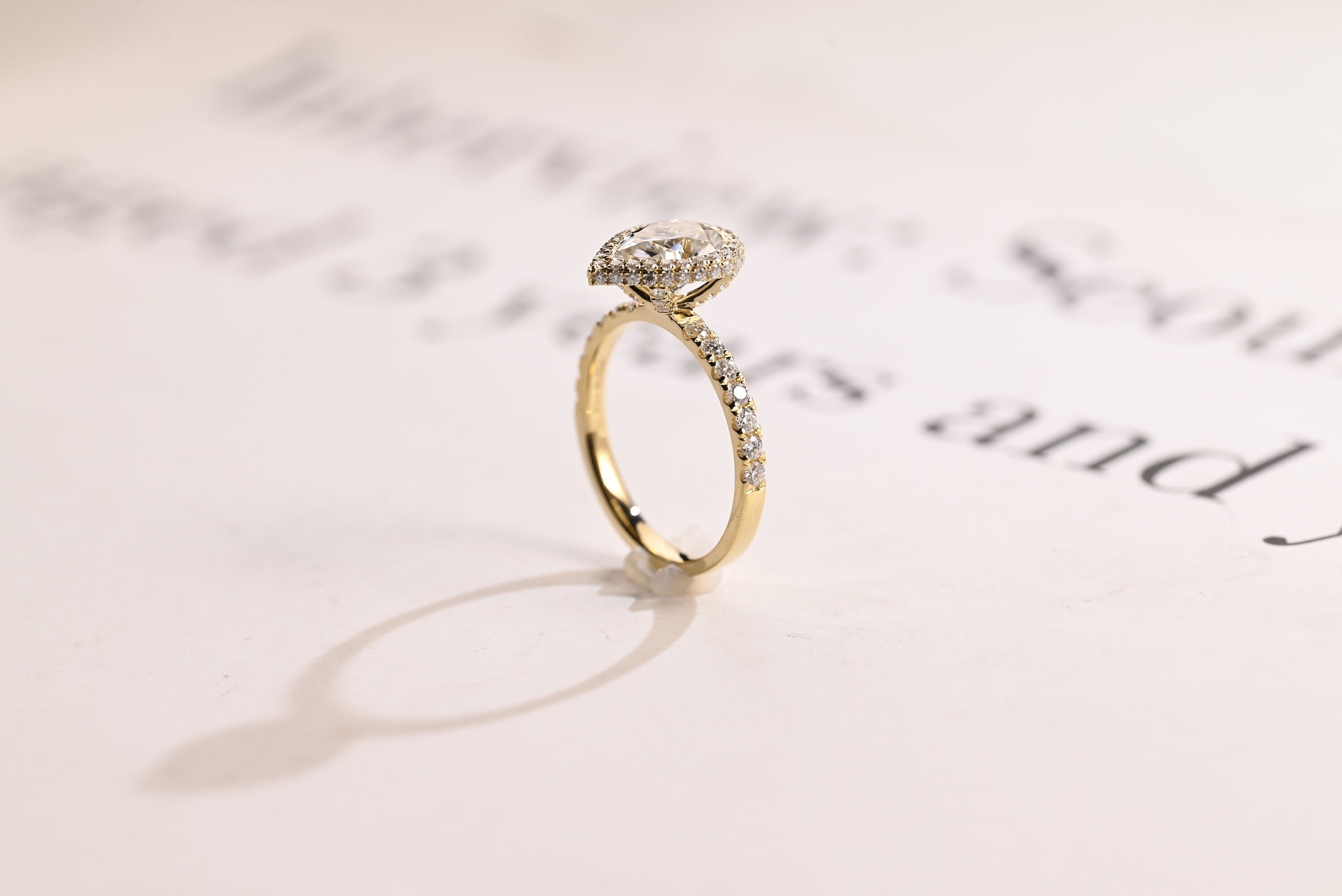 Solid Gold Pear Moissanite Engagement Ring, Half Eternity & Halo Promise/Proposal Ring