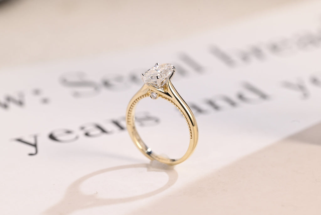 Solid Gold Two Tone Marquise Moissanite Engagement Ring, Unique Proposal Ring