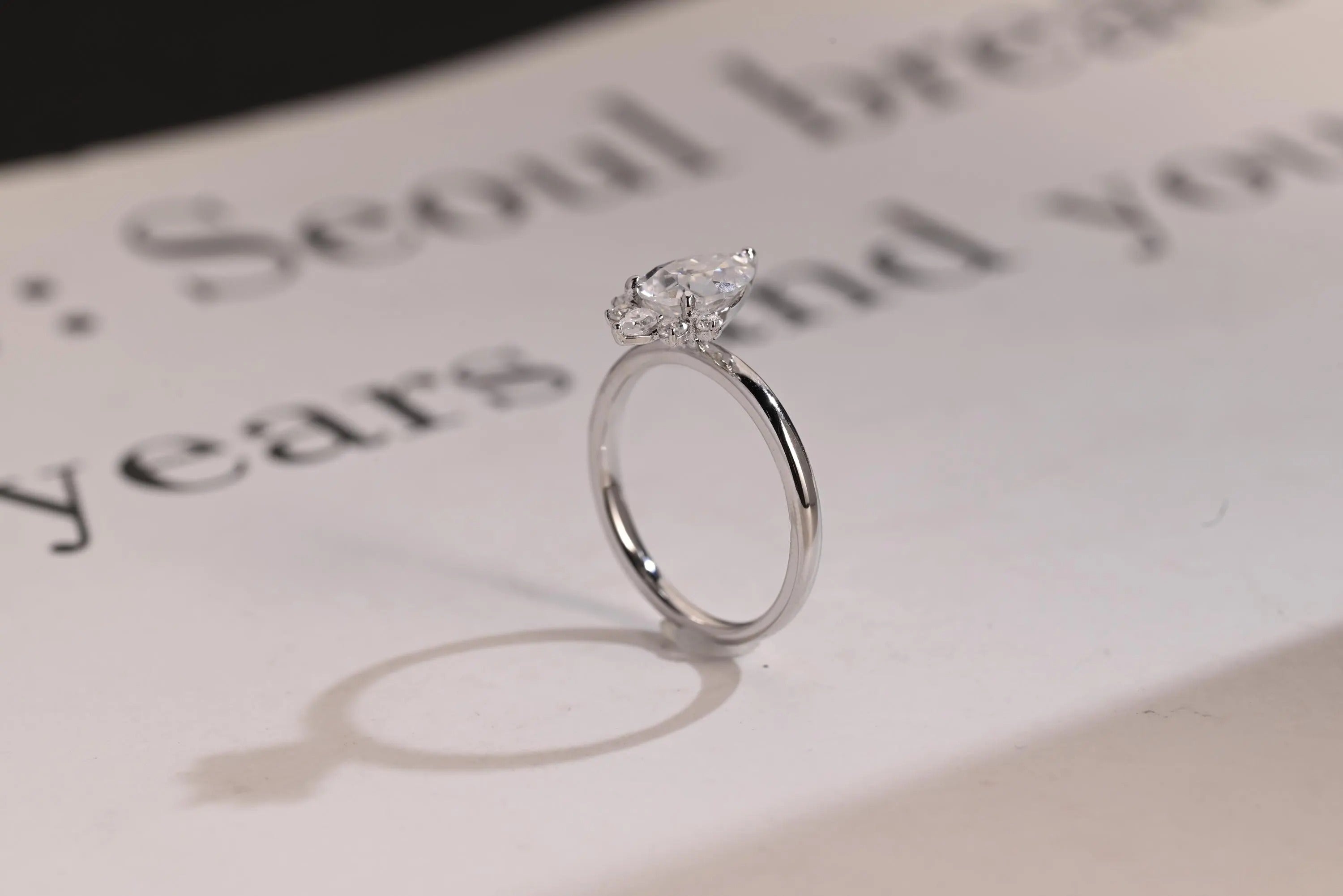Solid Gold Pear Moissanite Engagement Ring with Accent Stone, Tear Drop Ring Main image