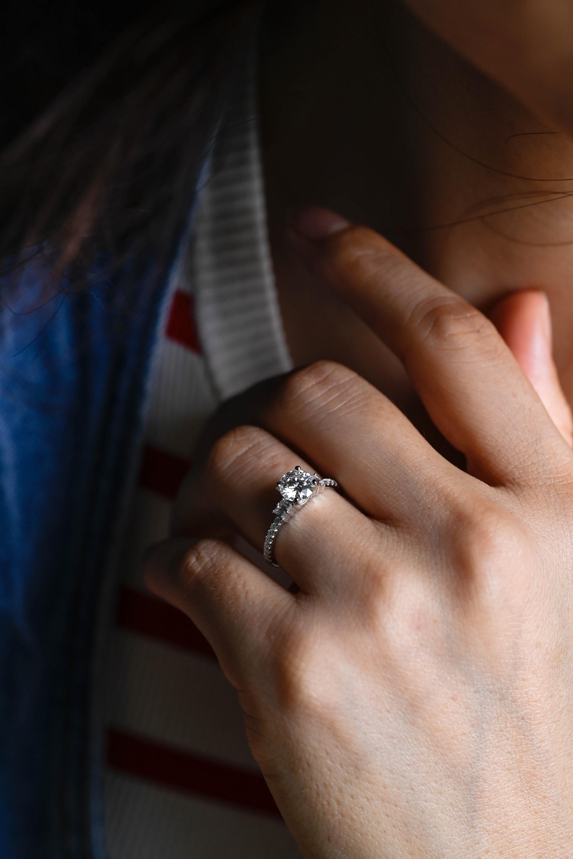 Solid Gold Round Moissanite Engagement Ring, Half Eternity Promise Ring