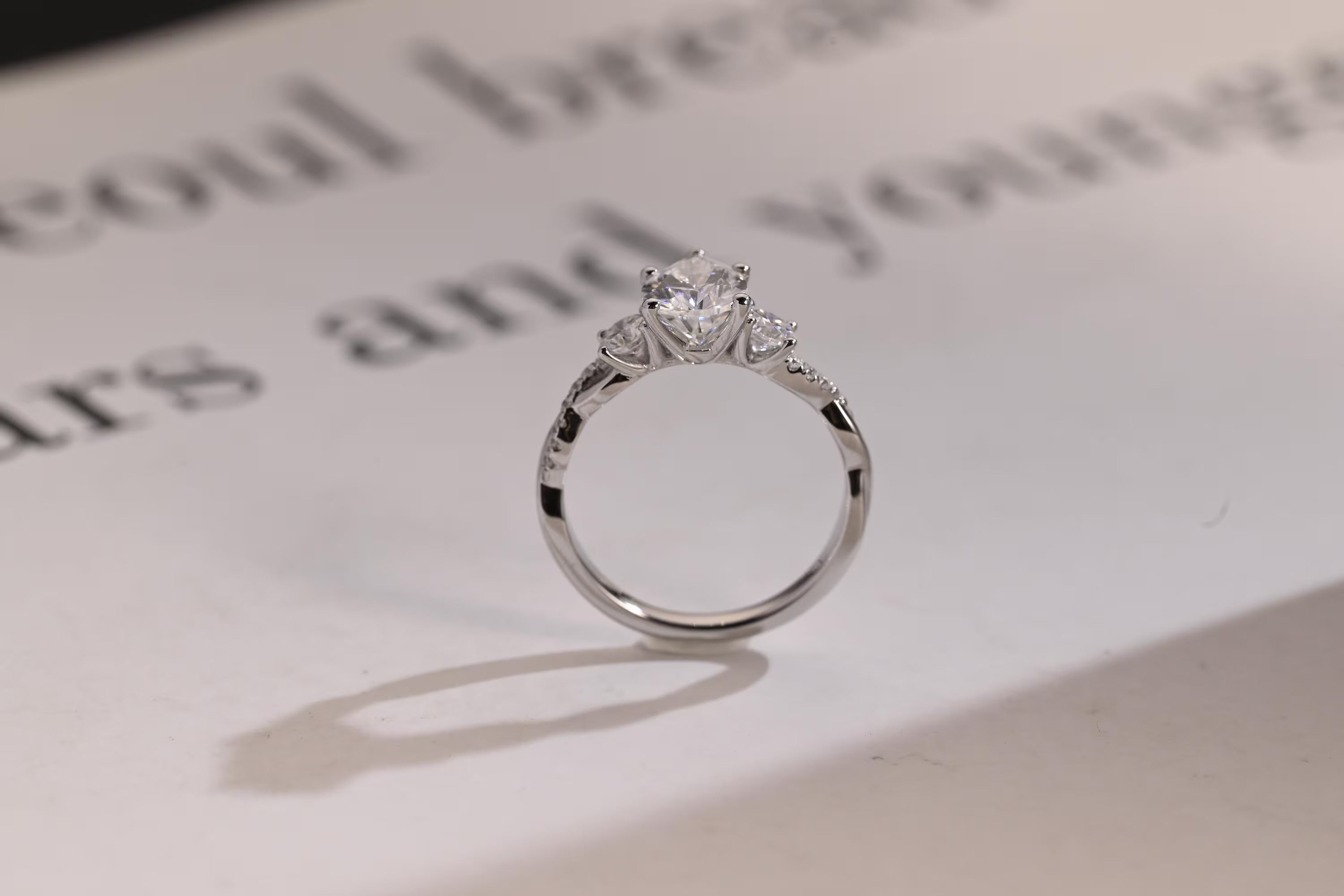 Solid Gold Pear Moissanite Engagement Ring, Twisted Band Half Eternity Bridal Ring
