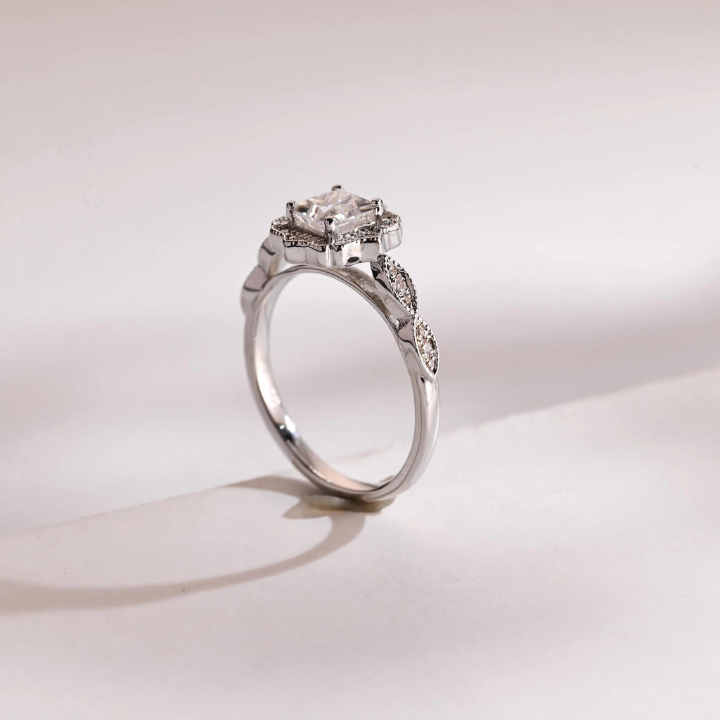 Solid Gold Princess Cut Moissanite Engagement Ring, Beaded Halo Proposal Ring