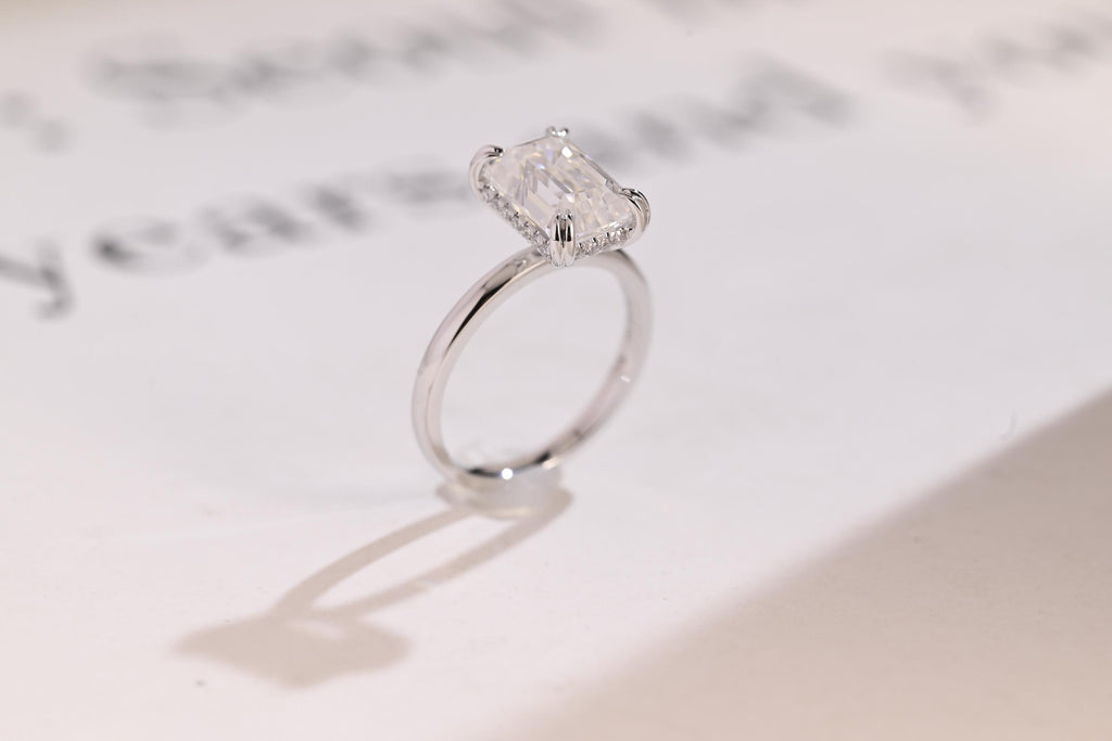 Solid Gold Double Prongs Emerald Cut Moissanite Engagement Ring, Promise Ring