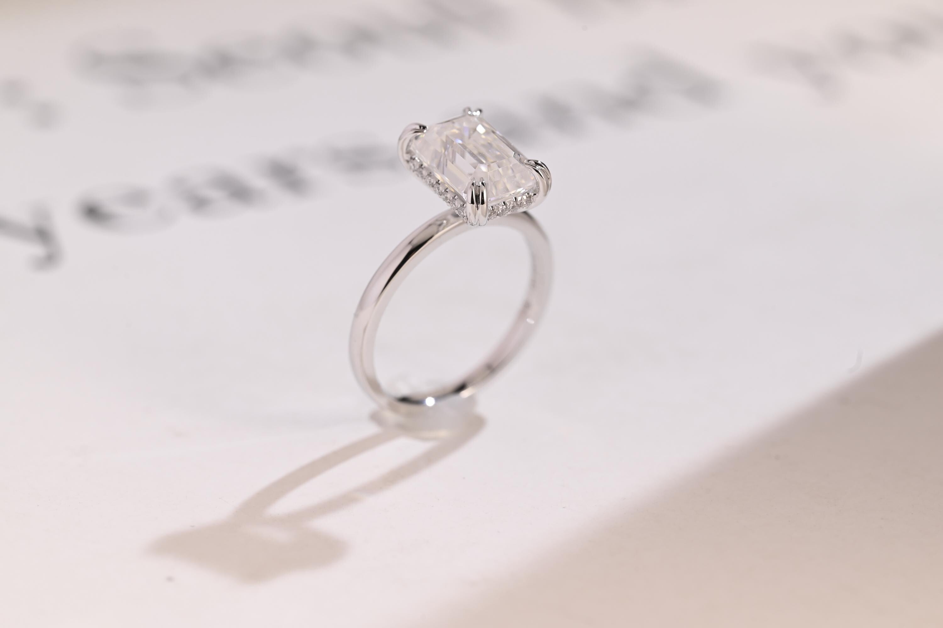 Solid Gold Double Prongs Emerald Cut Moissanite Engagement Ring, Promise Ring