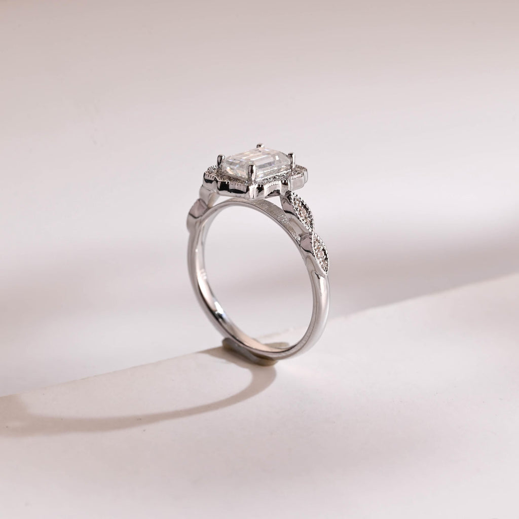 Solid Gold Emerald Cut Moissanite Engagement Ring, Beaded Halo Half Pave Ring