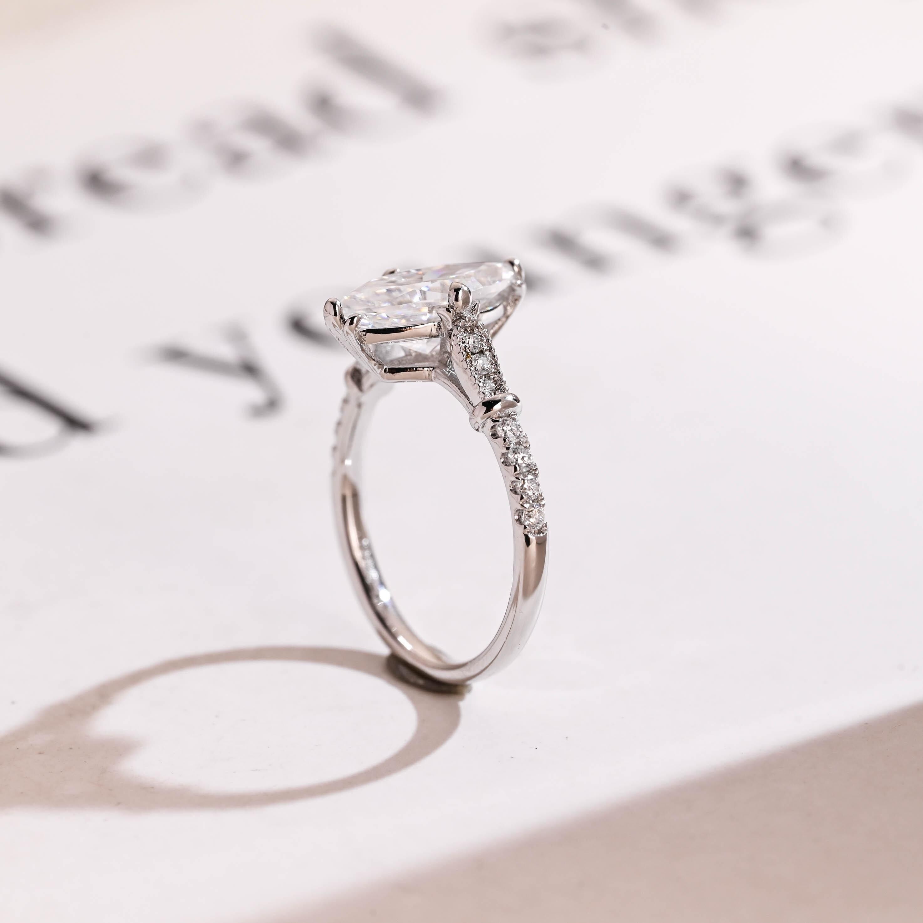 Solid Gold Half Eternity Marquise Cut Moissanite Engagement Ring, Proposal Ring
