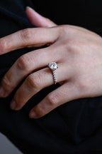 Solid Gold Hidden Halo Round Moissanite Engagement Ring, Half Eternity Promise Ring