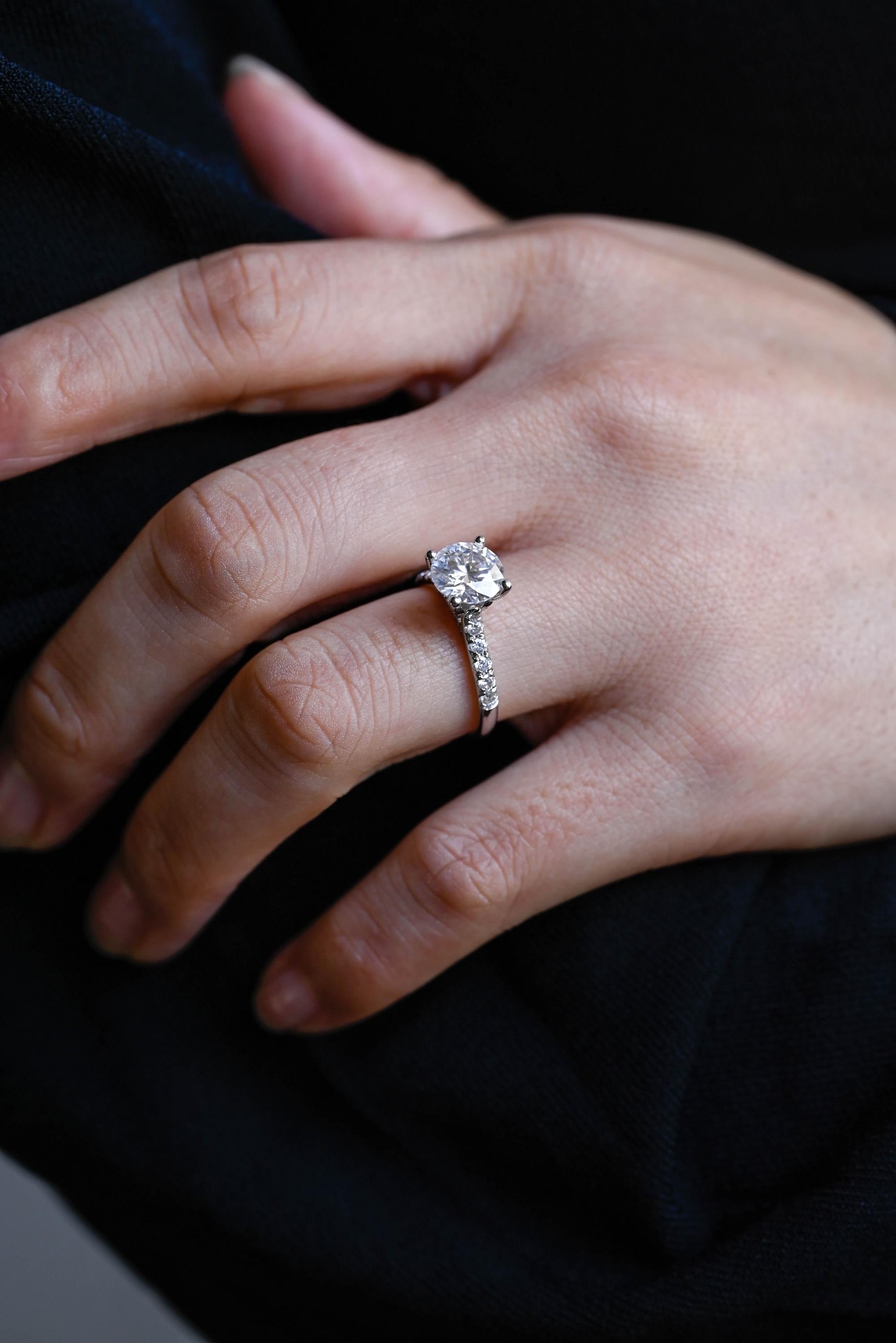 Solid Gold Hidden Halo Round Moissanite Engagement Ring, Half Eternity Promise Ring