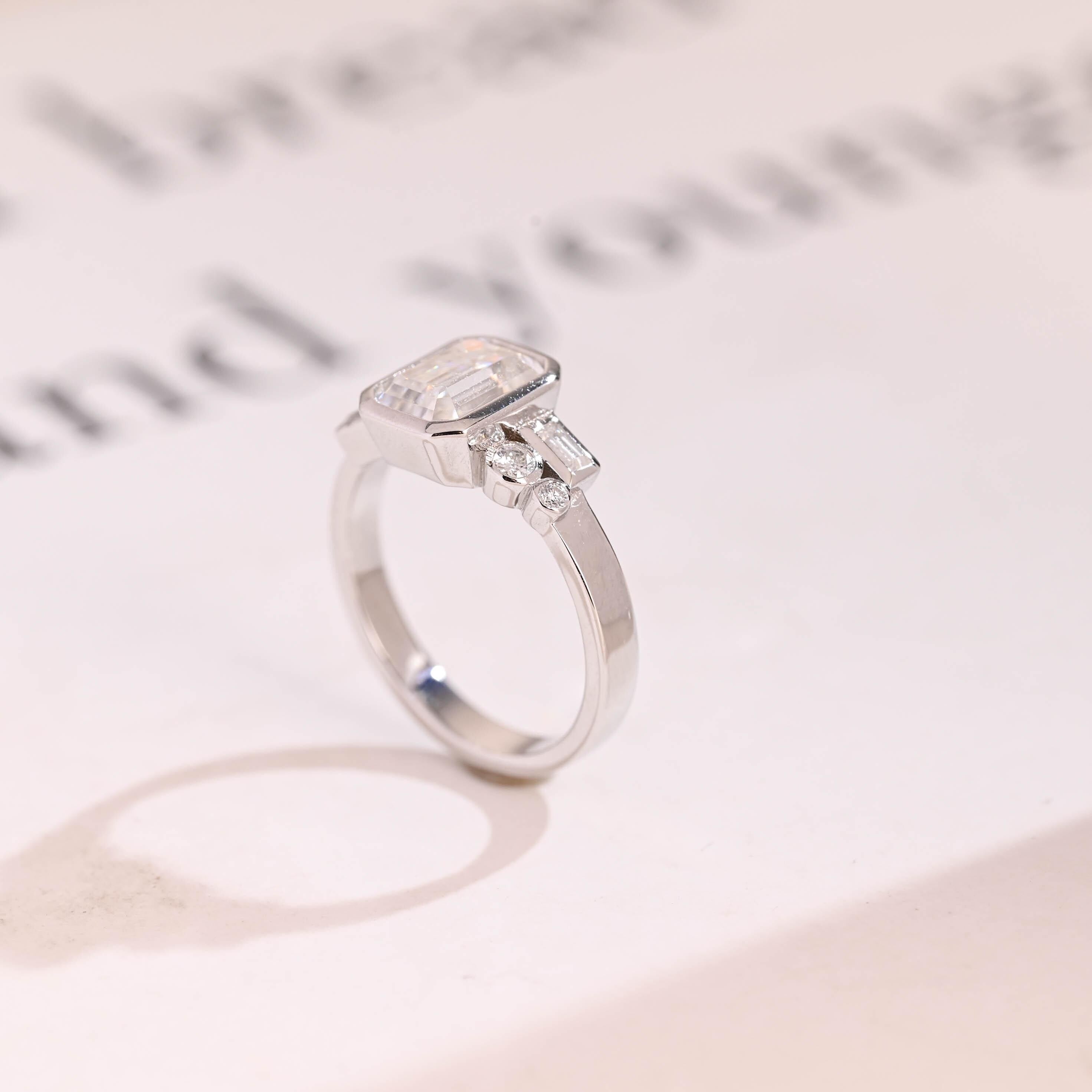 Solid Gold Bezel Emerald Cut Moissanite Engagement Ring, Dainty Cluster Promise Ring