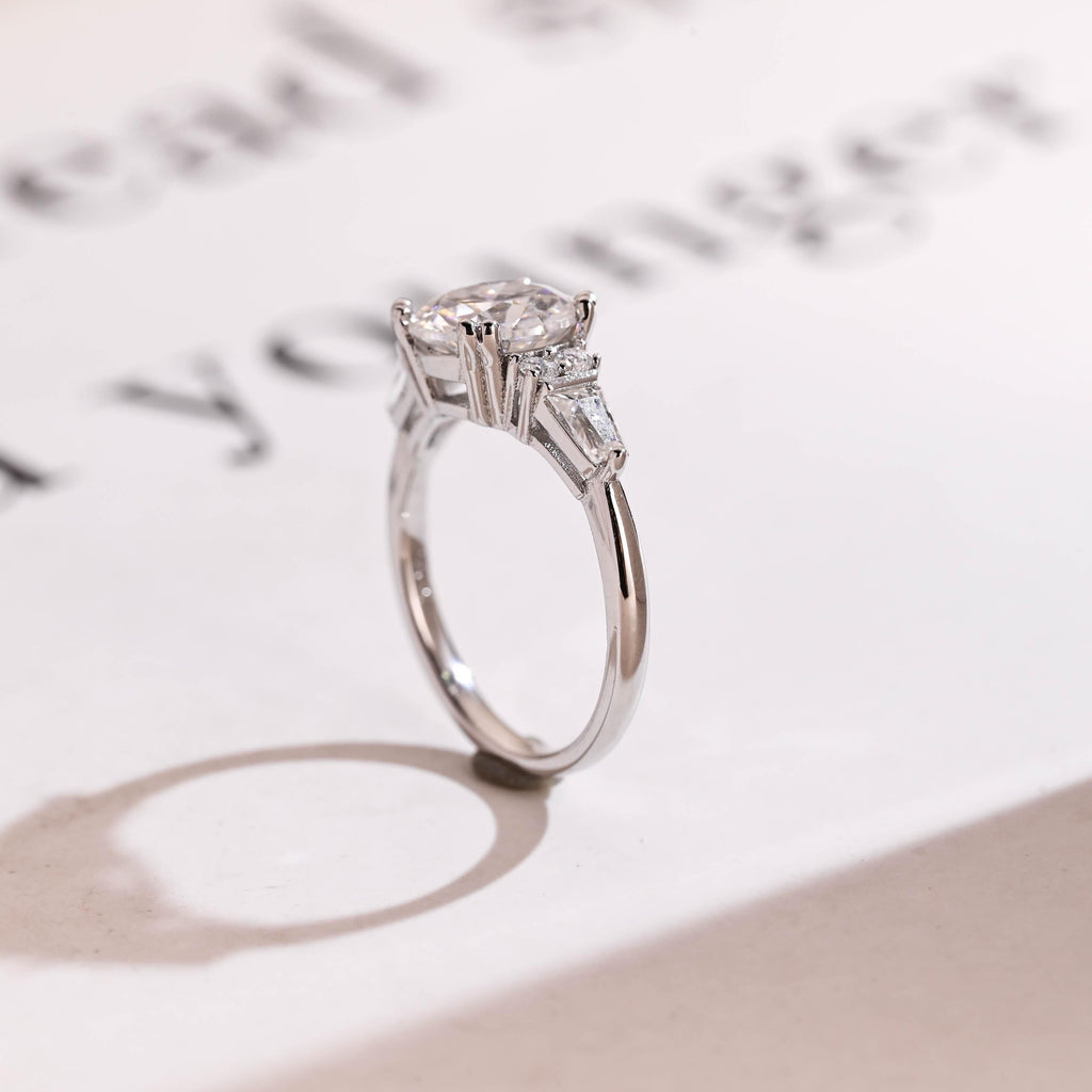 Solid Gold Round Cut Moissanite Engagement Ring with Trapezoid Accent
