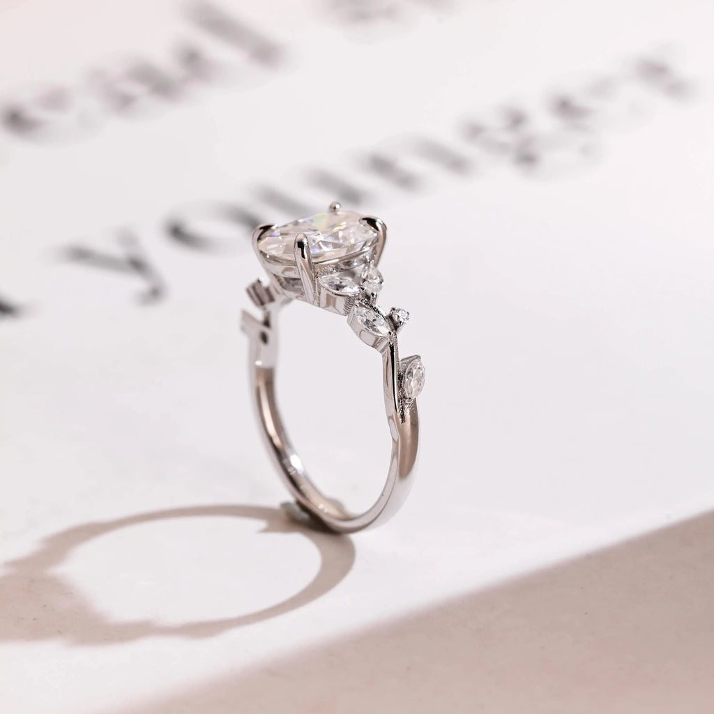 Solid Gold Oval Cut Moissanite Engagement Ring, Dainty Leaf Ring