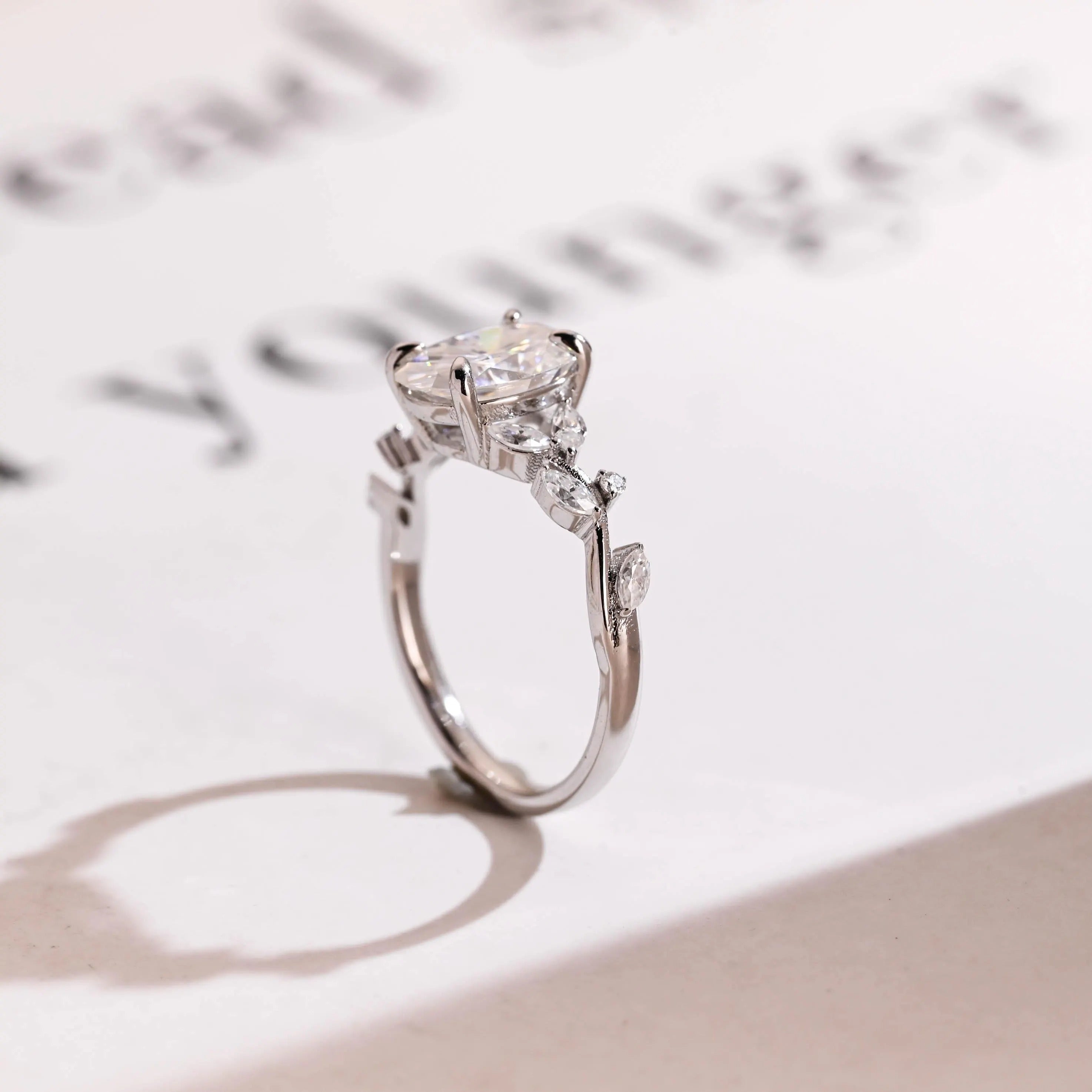 Solid Gold Oval Cut Moissanite Engagement Ring, Dainty Leaf Ring