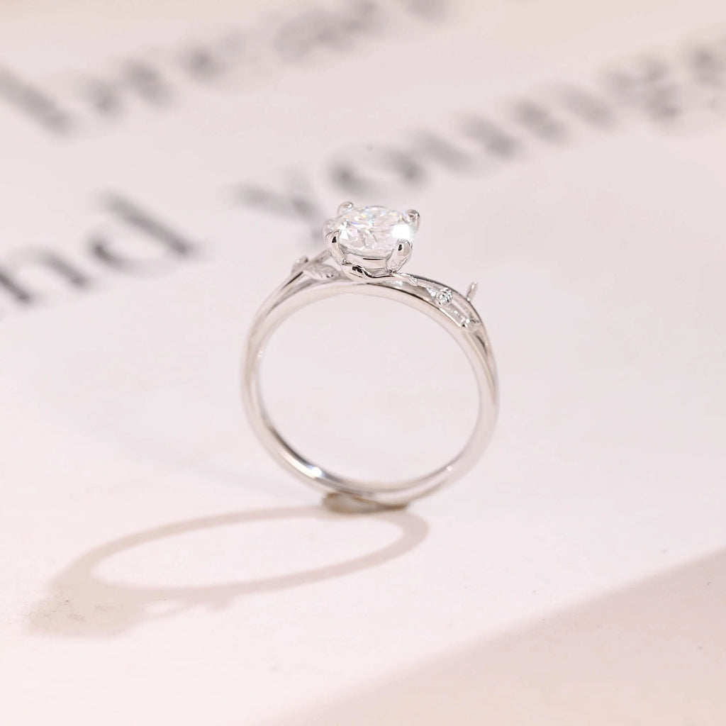 Solid Gold Round Moissanite Engagement Ring, Nature Inspired Proposal Ring
