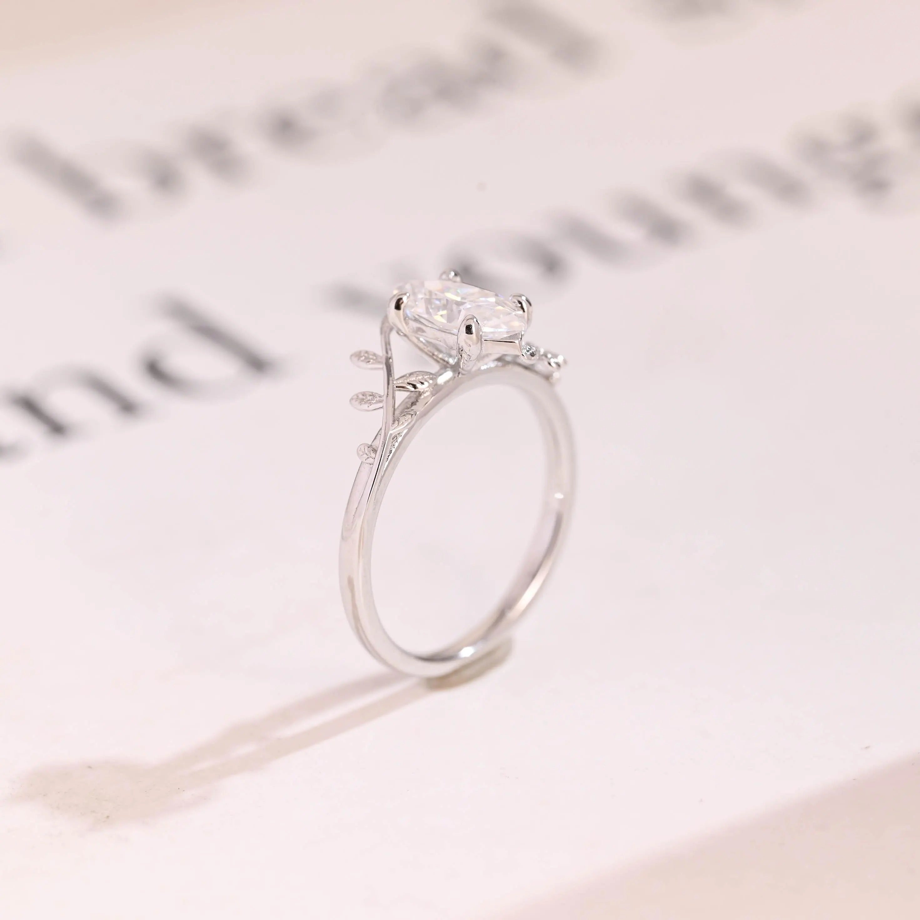 Solid Gold Leaf Ring, Marquise Moissanite Engagement Ring, Proposal Ring