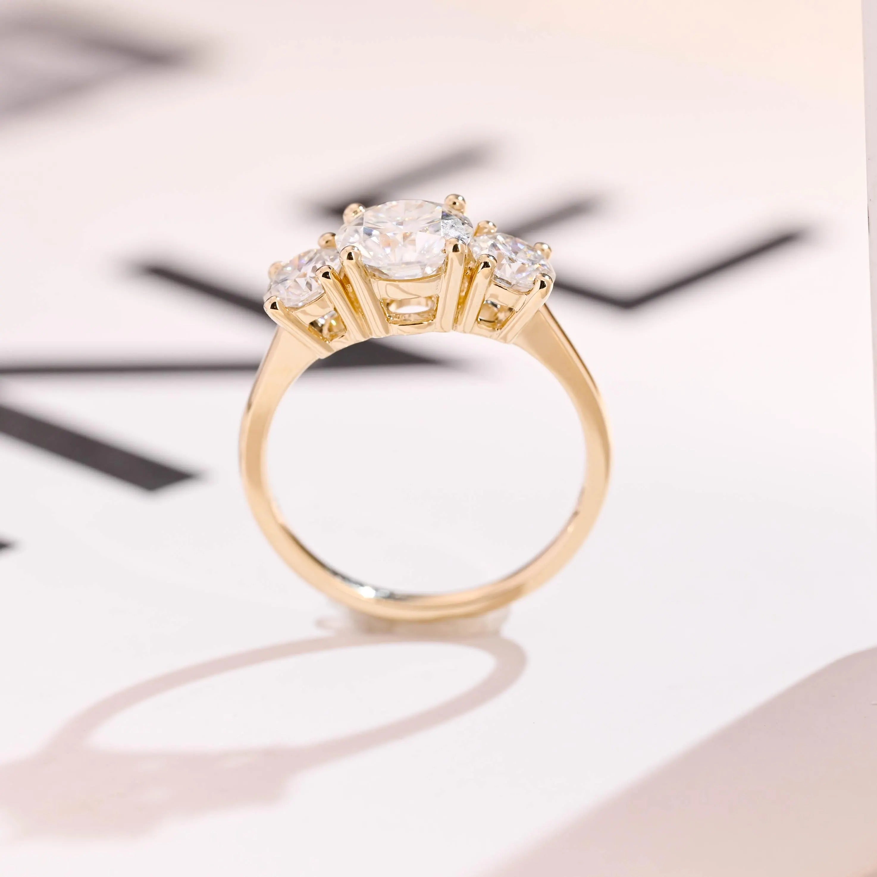 Solid Gold Three Stone Round Cut Moissanite Engagement Ring