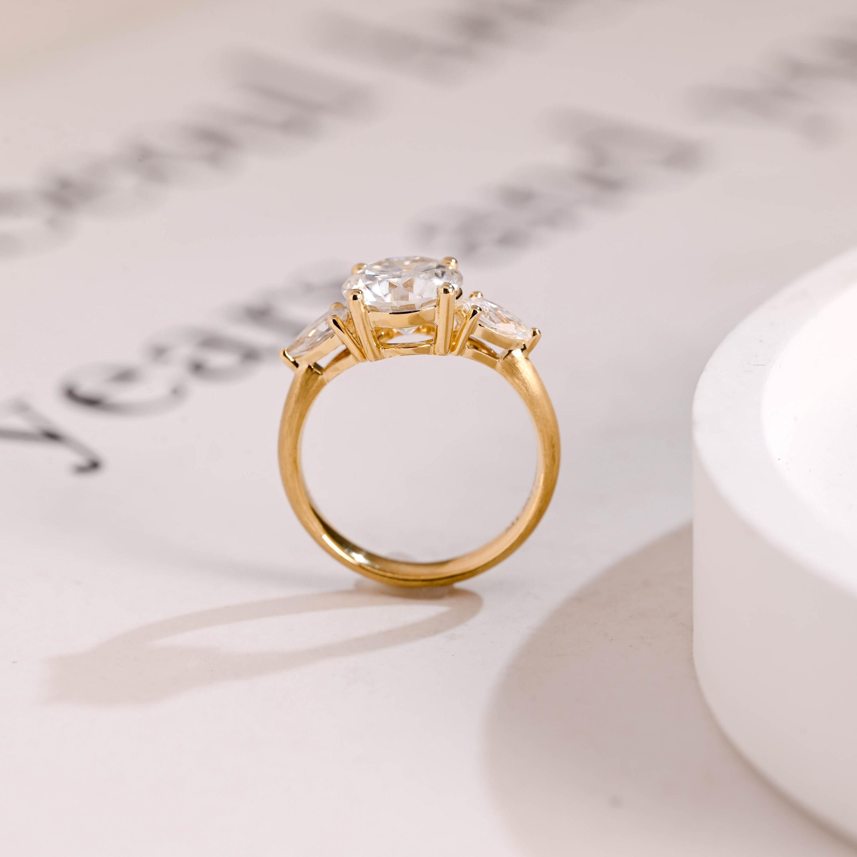 Solid Gold 3mm Width Three Stone Round Cut Moissanite Engagement Ring with Pear Accent