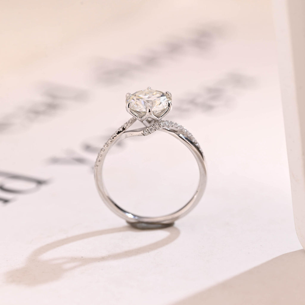 Solid Gold Floral Round Moissanite Engagement Ring, Twisted Band Anniversary Ring