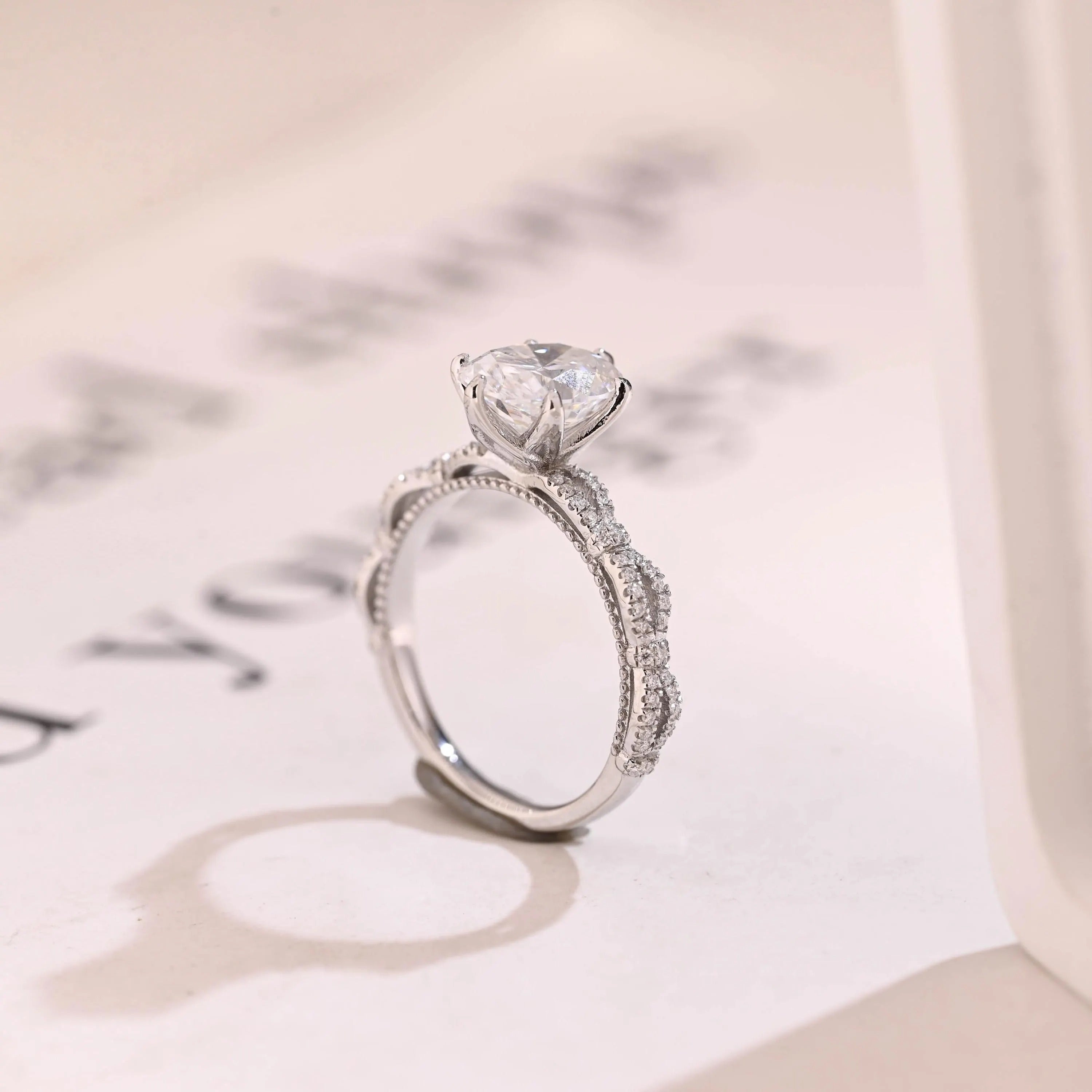 Solid Gold Oval Moissanite Tulip Flower Half Pave Engagement Ring