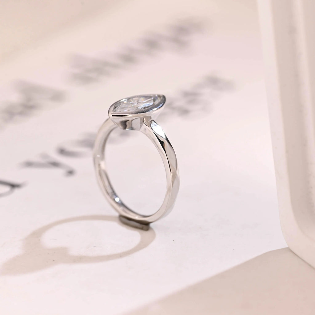 Solid Gold Marquise Moissanite Engagement Ring, Minimalist Bezel Ring