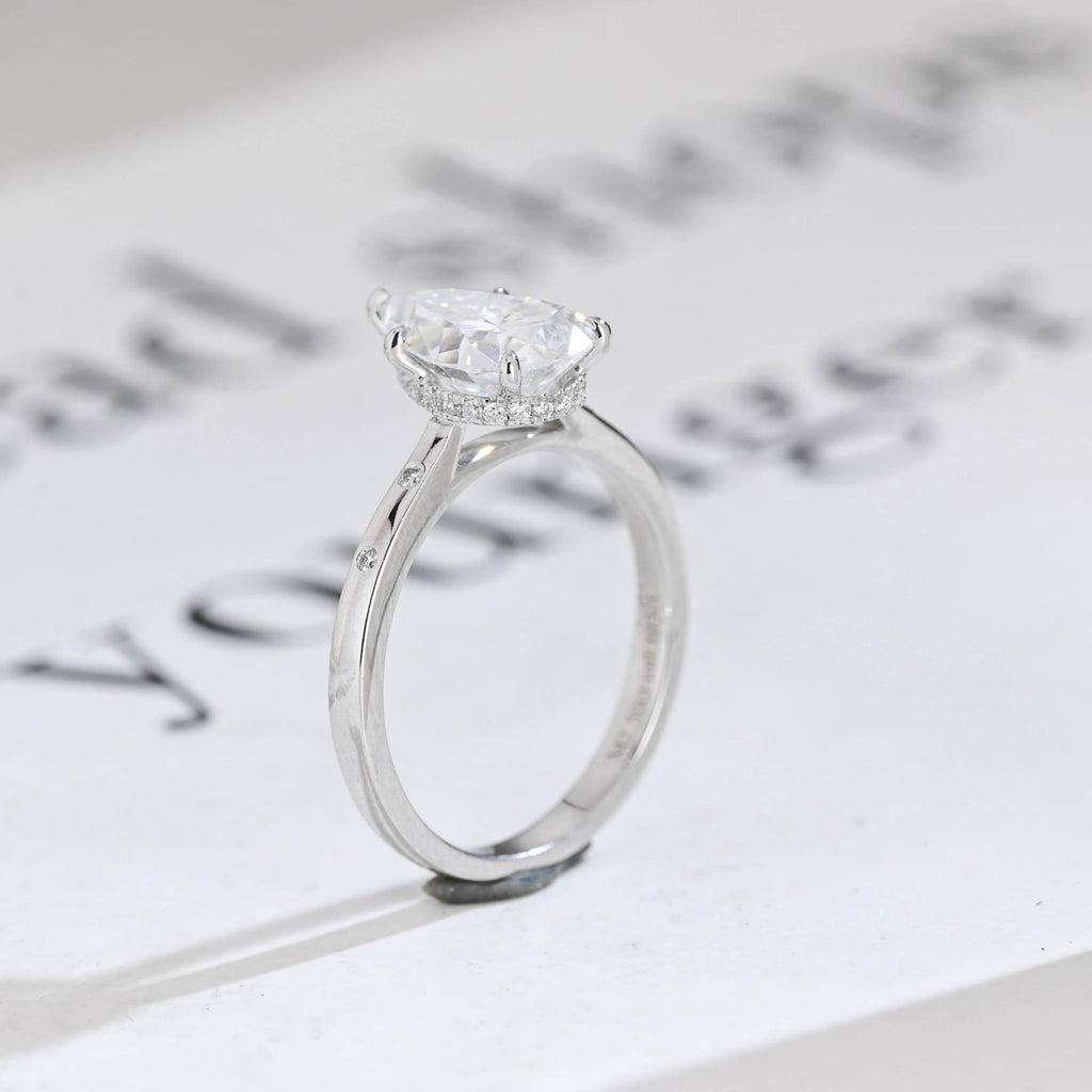 Solid Gold Pear Moissanite Engagement Ring with Hidden Halo
