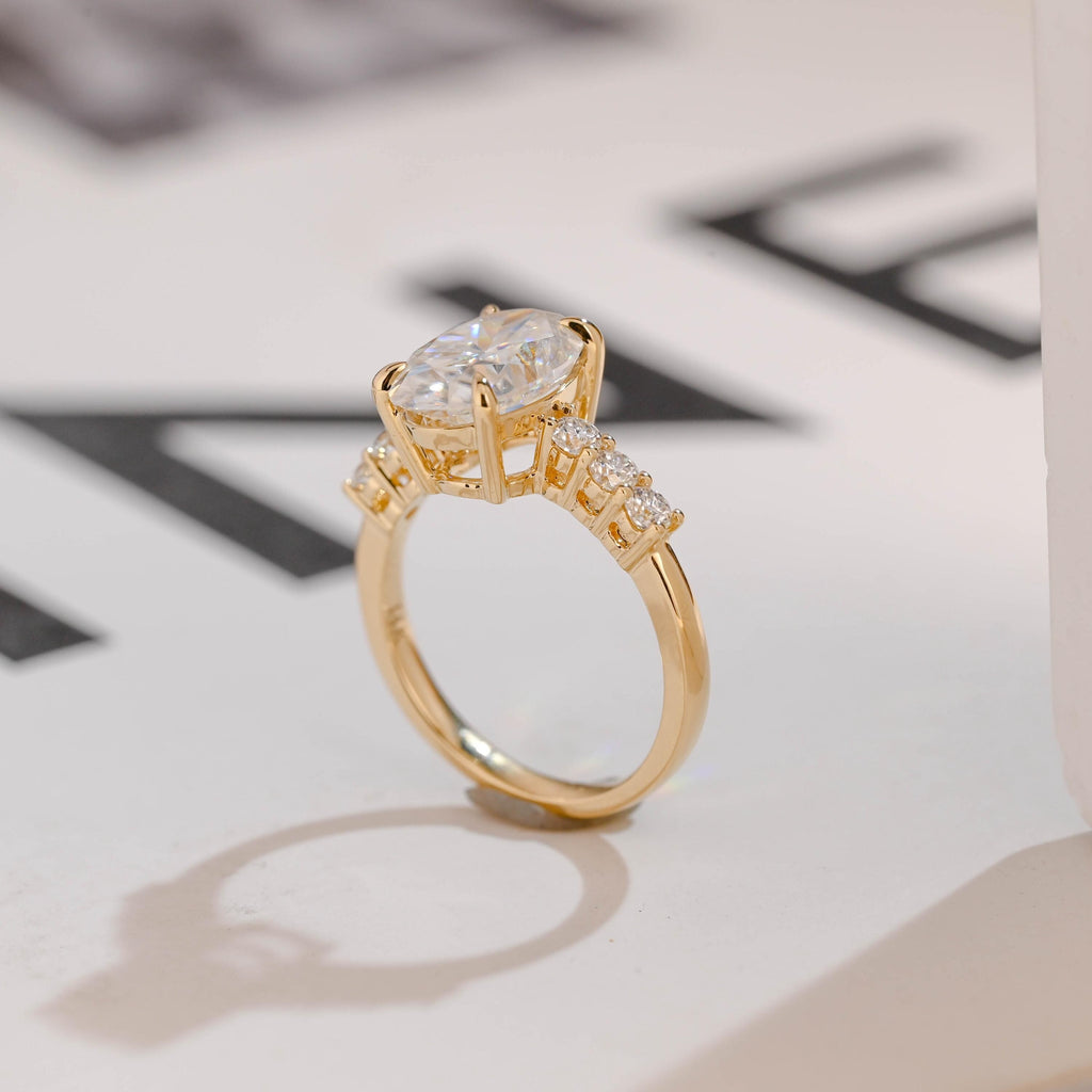 Solid Gold Oval Moissanite Engagement Ring, Half Eternity Promise Ring