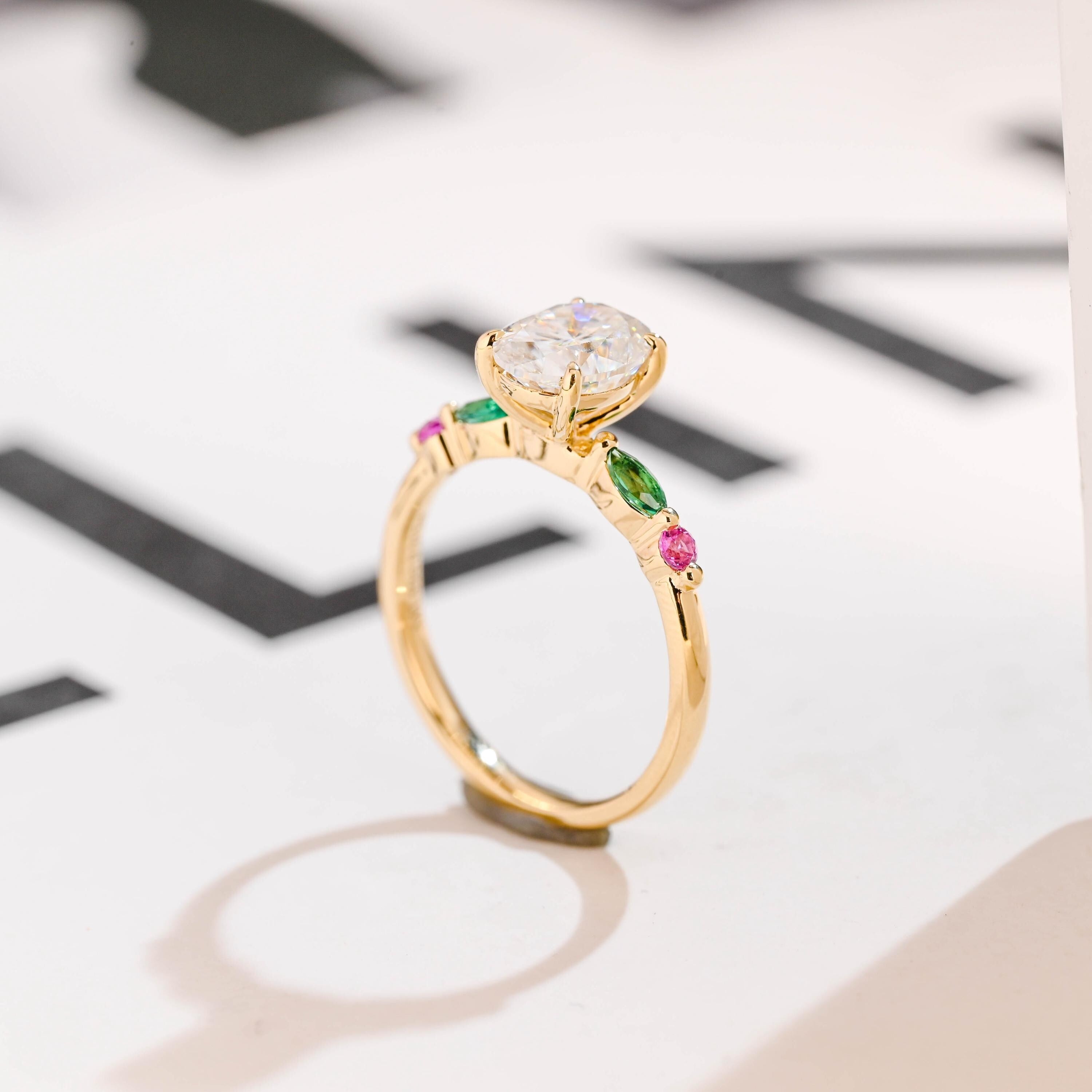Solid Gold Oval Moissanite Engagement Ring with Ruby & Emerald Secondary image