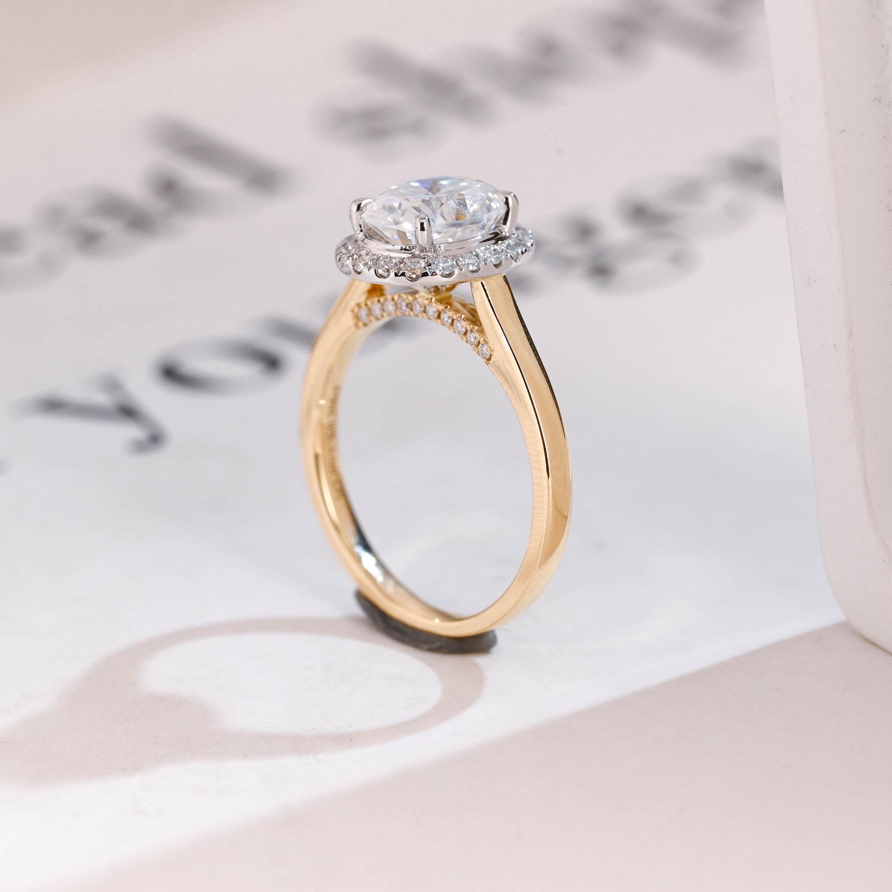 Solid Gold Oval Moissanite Engagement Ring, Two Tone Promise Ring