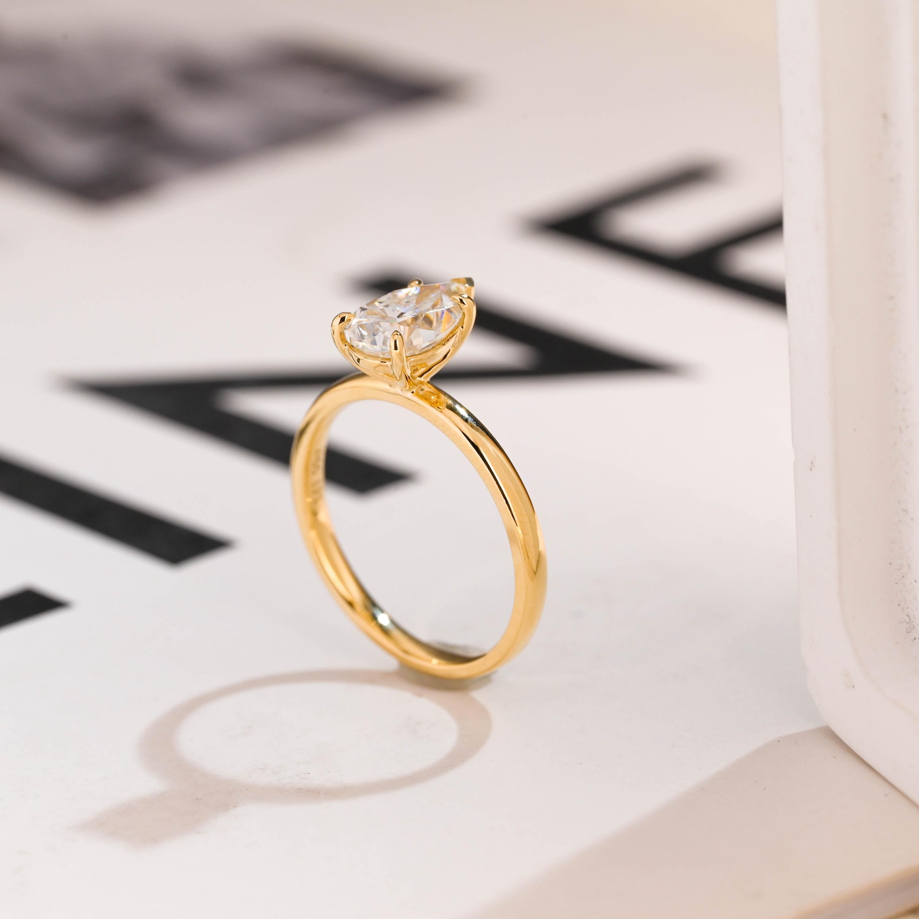 Solid Gold Minimalist Pear Moissanite Engagement Ring, Dainty Promise Ring Secondary image