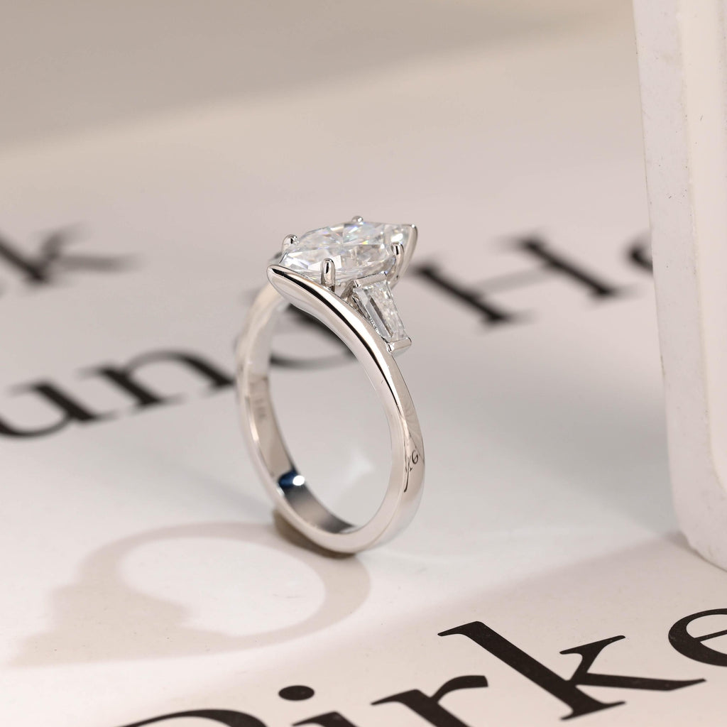 Solid Gold Marquise Moissanite Engagement Ring, Bezel Three Stone Ring