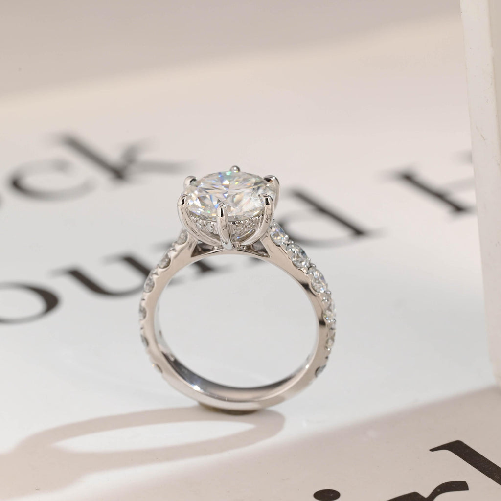 Solid Gold Round Moissanite Engagement Ring, 3.5mm Wide Band Ring
