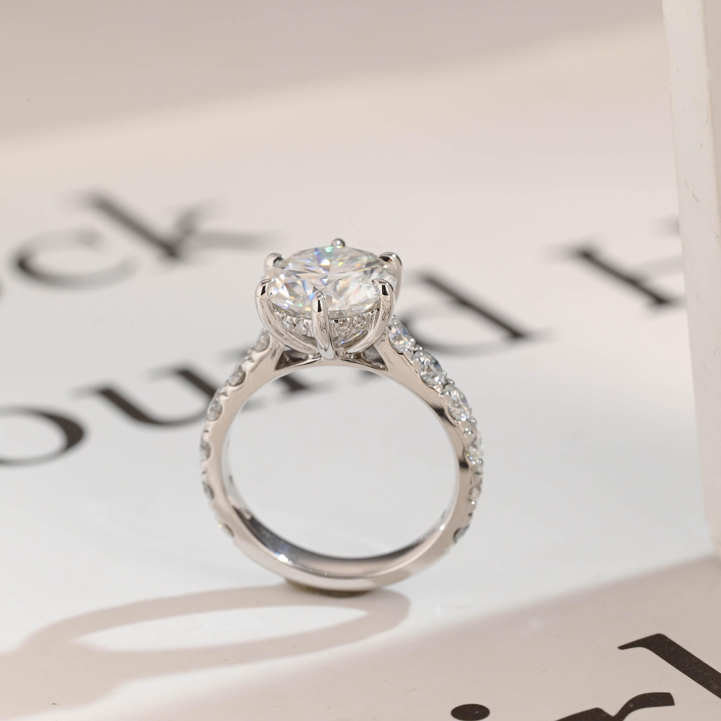 Solid Gold Round Moissanite Engagement Ring, 3.5mm Wide Band Ring