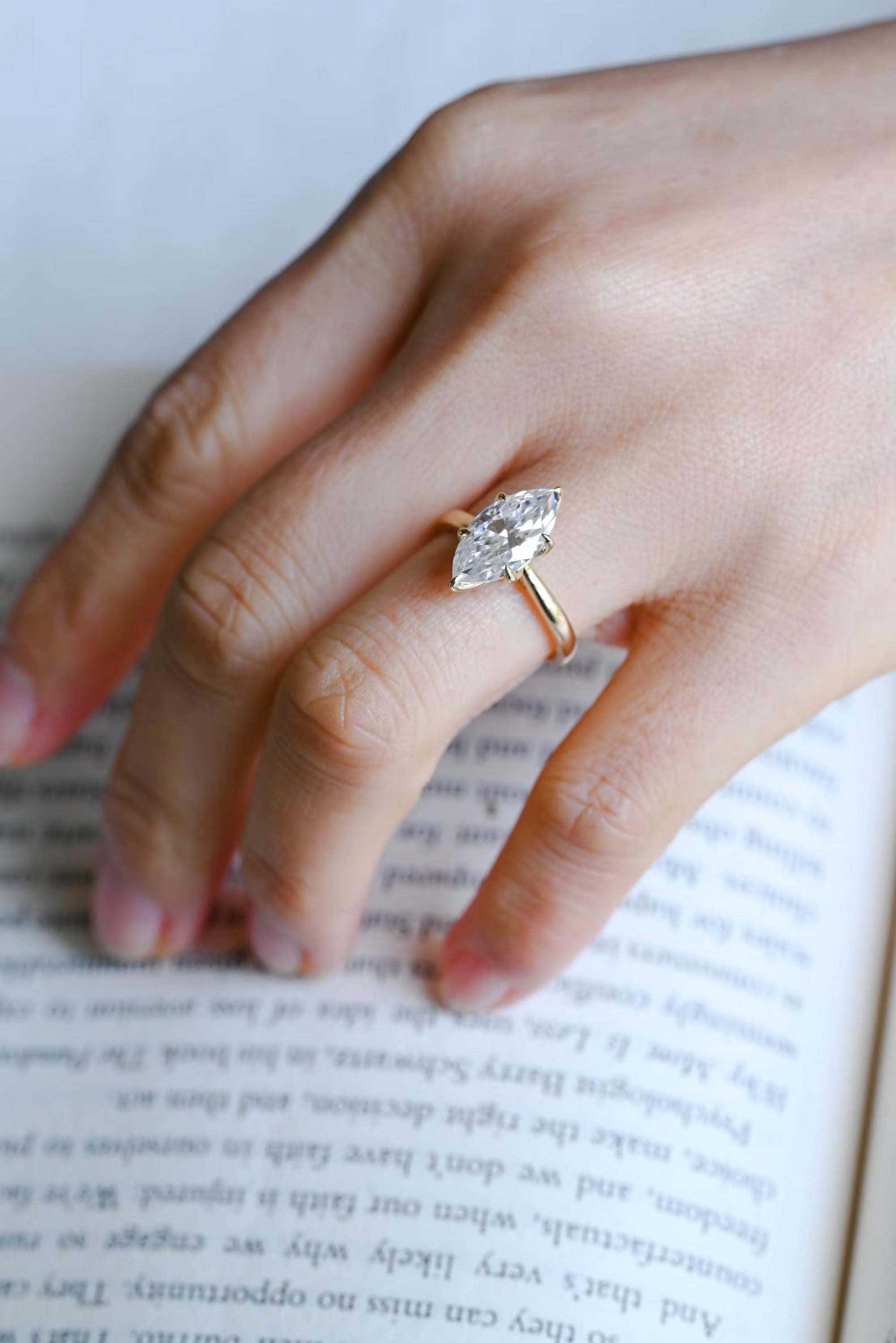 Solid Gold Tulip Floral Ring, Marquise Moissanite Engagement Ring, Cathedral Ring