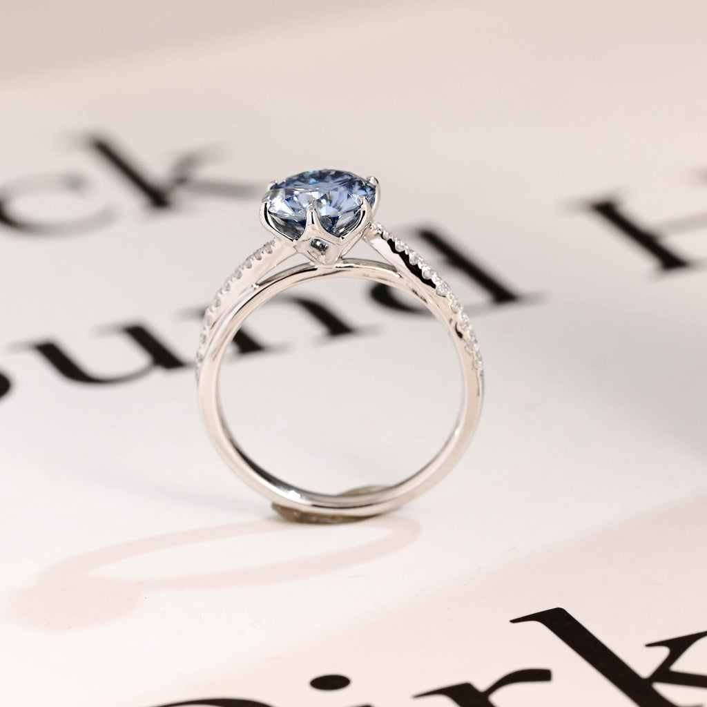 Solid Gold Round Cut Blue Moissanite Engagement Ring, Tulip Floral Bridal Ring