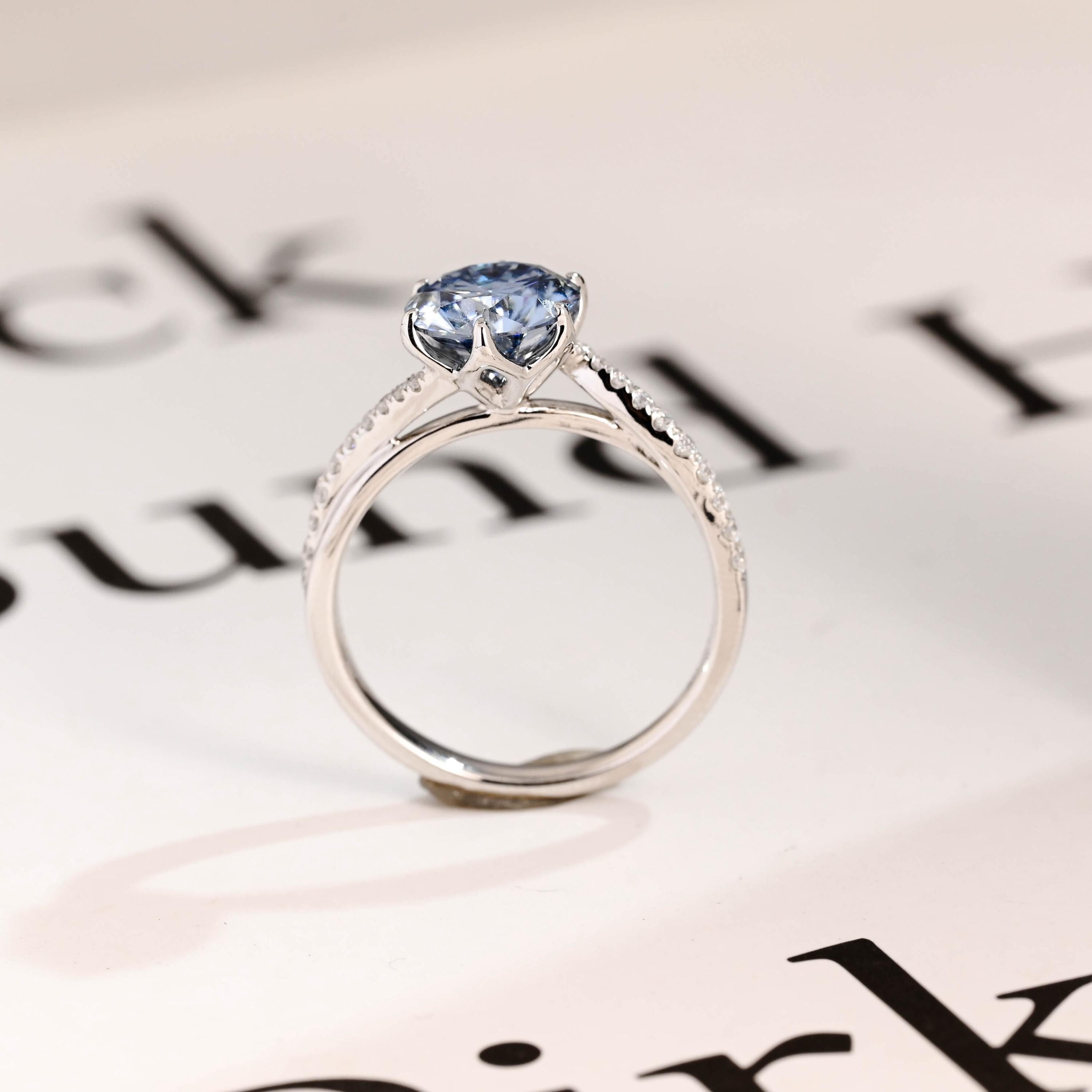 Solid Gold Round Cut Blue Moissanite Engagement Ring, Tulip Floral Bridal Ring