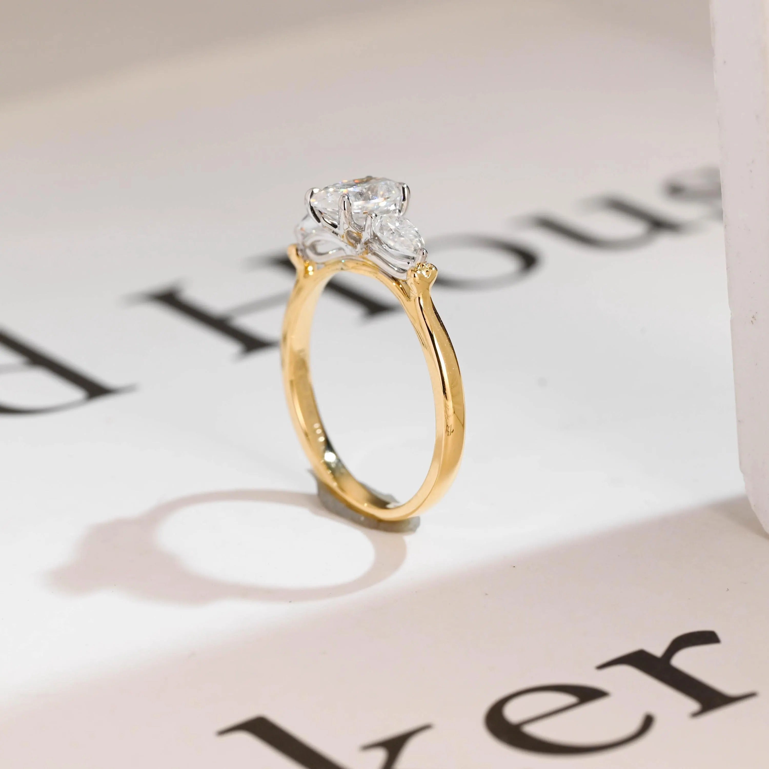 Solid Gold Oval Moissanite Engagement Ring, Three Stone Promise Ring Secondary image